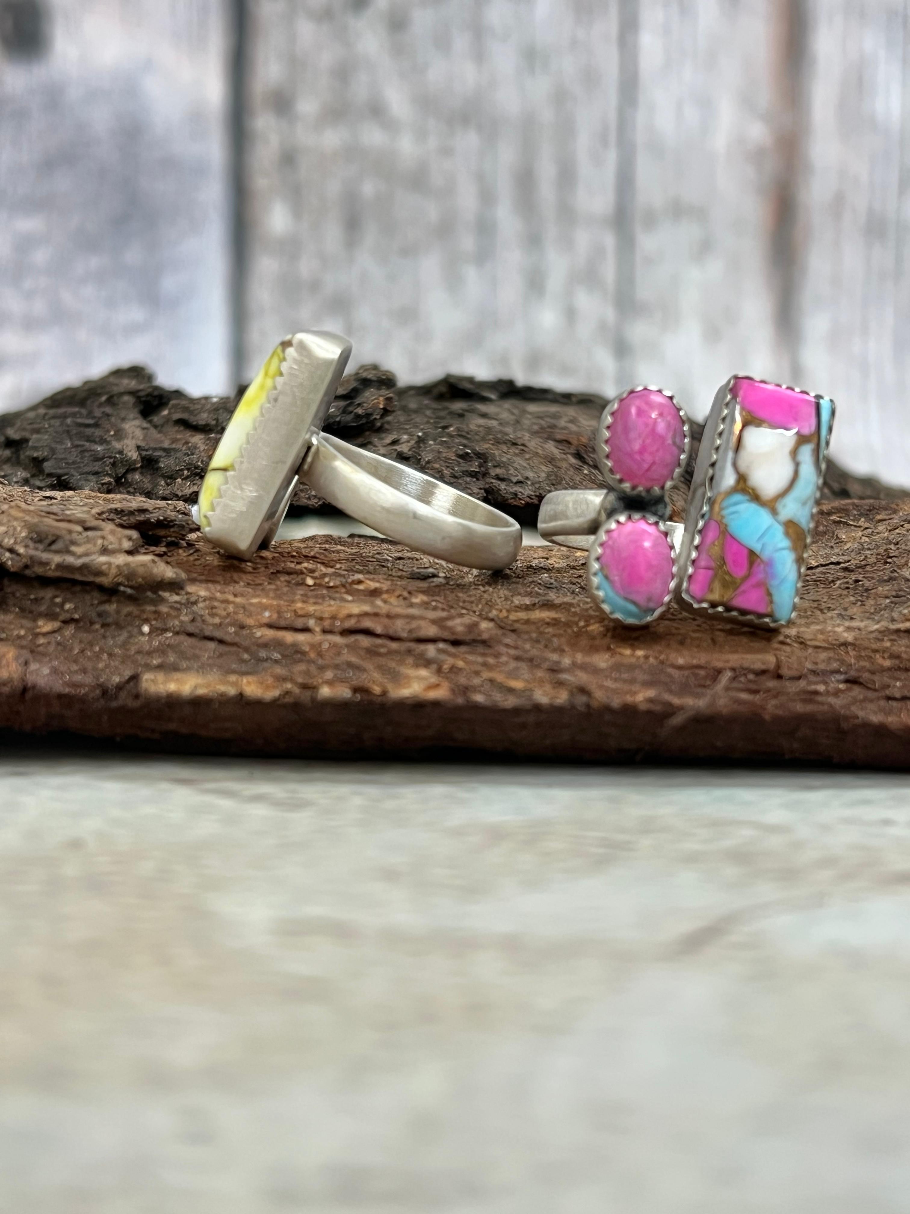 Handmade Sterling Silver Honey Dahlia, Cotton Candy Turquoise Adjustable Ring with Signed Nizhoni (2)