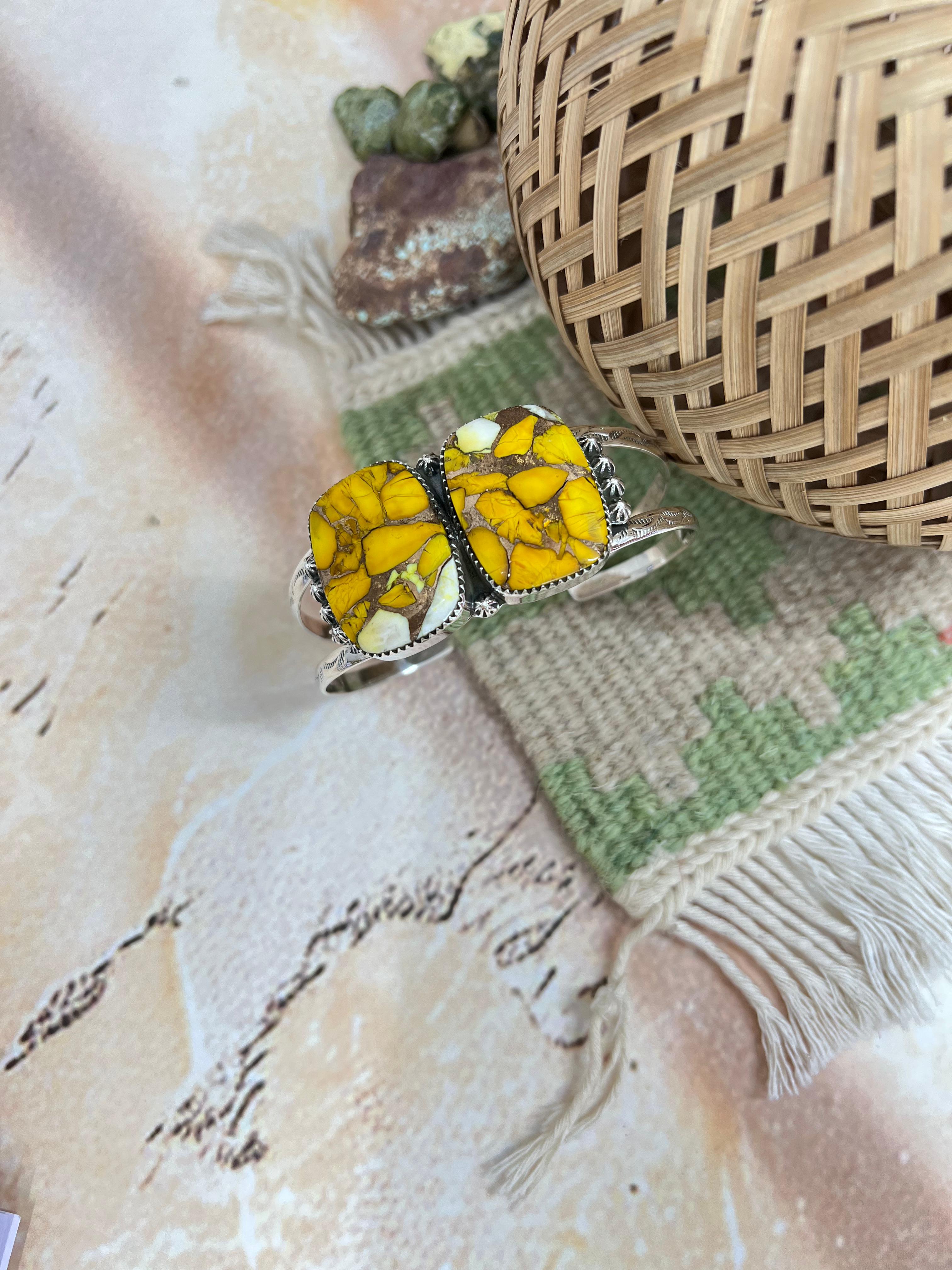 Handmade Sterling Silver Honey Dahlia Cuff Bracelet with Signed Nizhoni