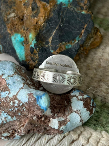 Handmade Sterling Silver Emerald Valley Turquoise Adjustable Ring "Signed Nizhoni" (6)