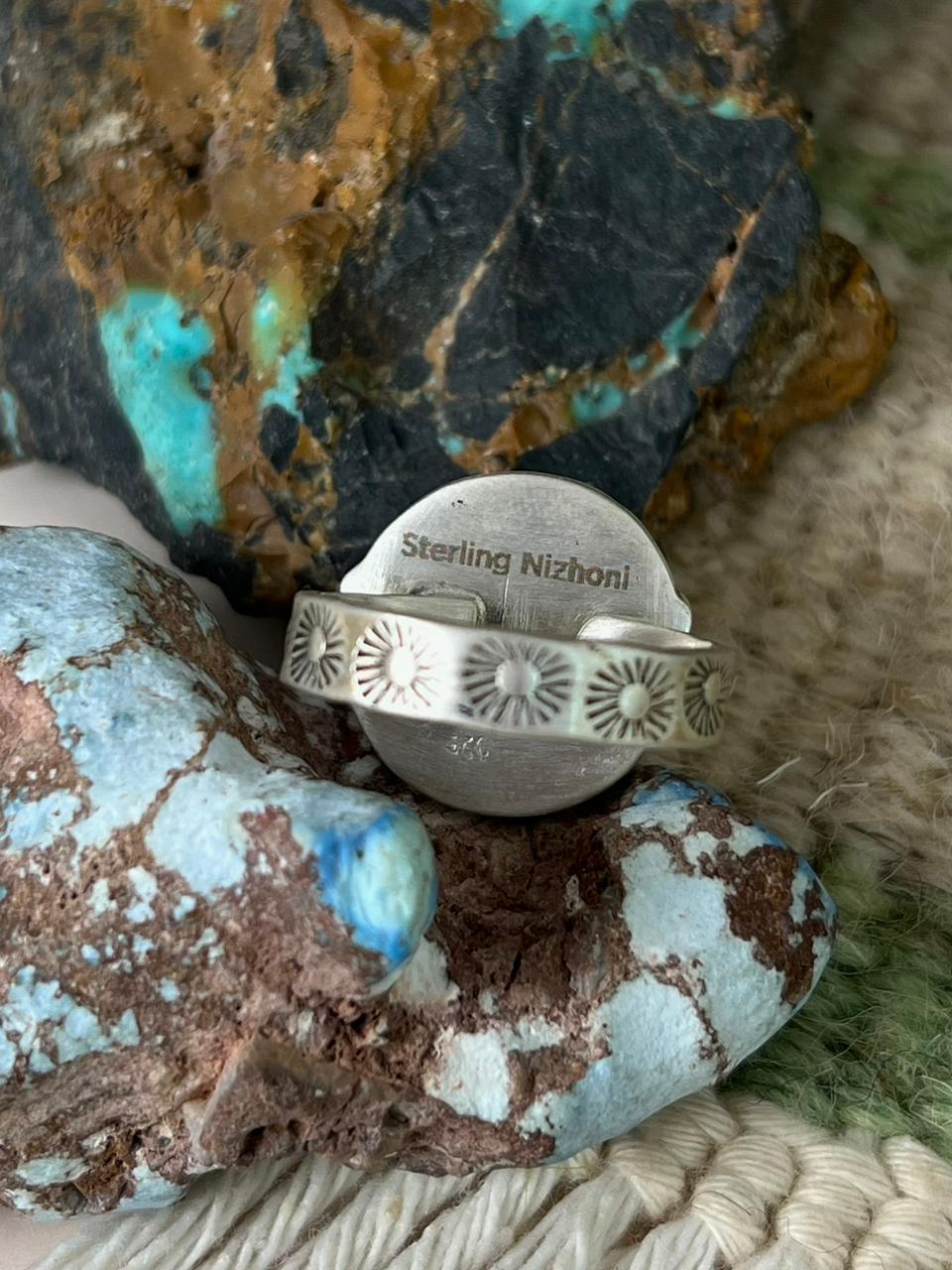 Handmade Sterling Silver Emerald Valley Turquoise Adjustable Ring "Signed Nizhoni" (6)