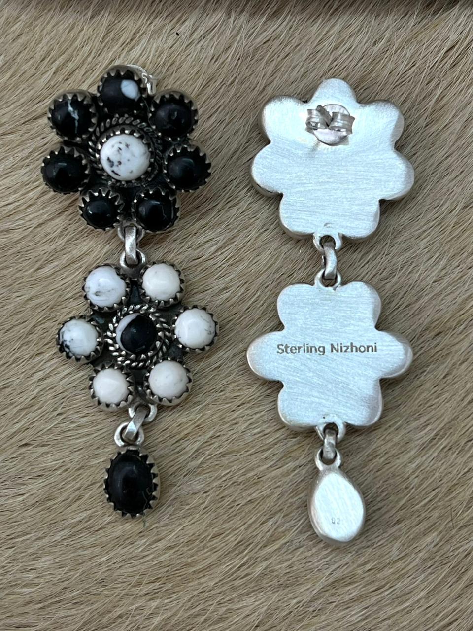 Handmade Sterling Silver White Buffalo Post Dangle Earrings "Signed Nizhoni" (6)