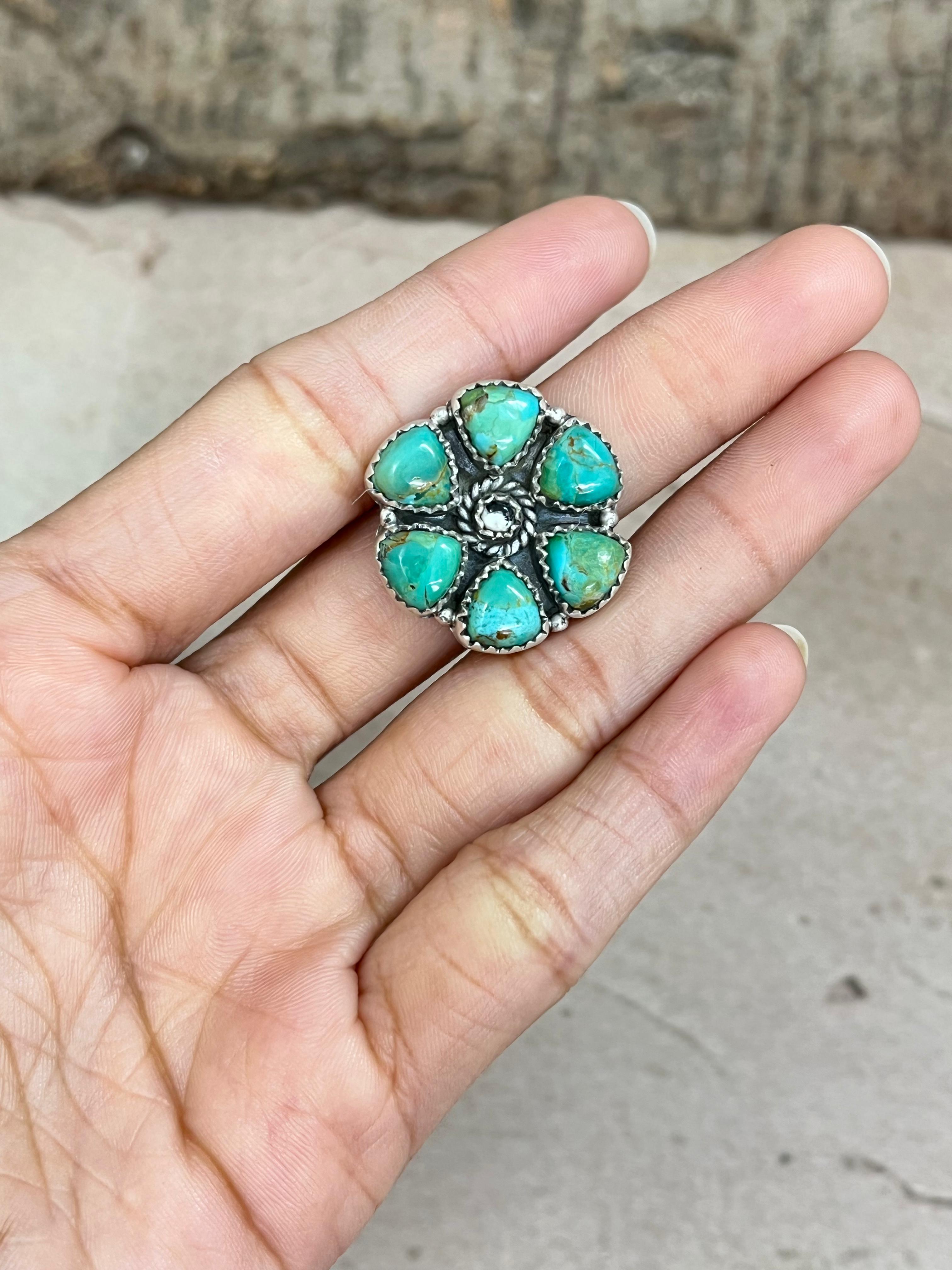 Handmade Sterling Silver Kingman Turquoise Adjustable Ring with Signed Nizhoni