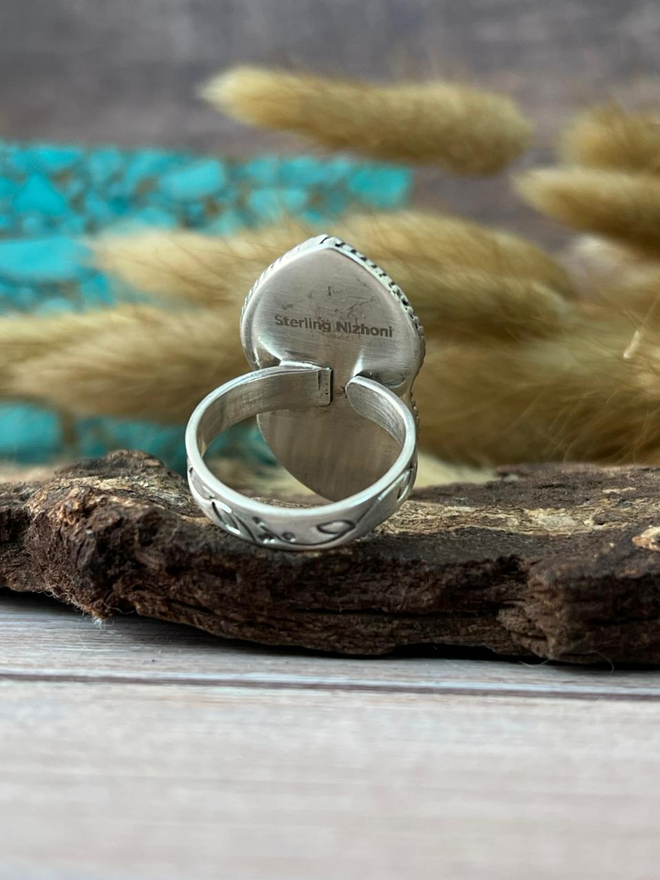 Handmade Sterling Silver Mint Dahlia Collection: Adjustable Heart Shape Ring "Signed Nizhoni" (2)