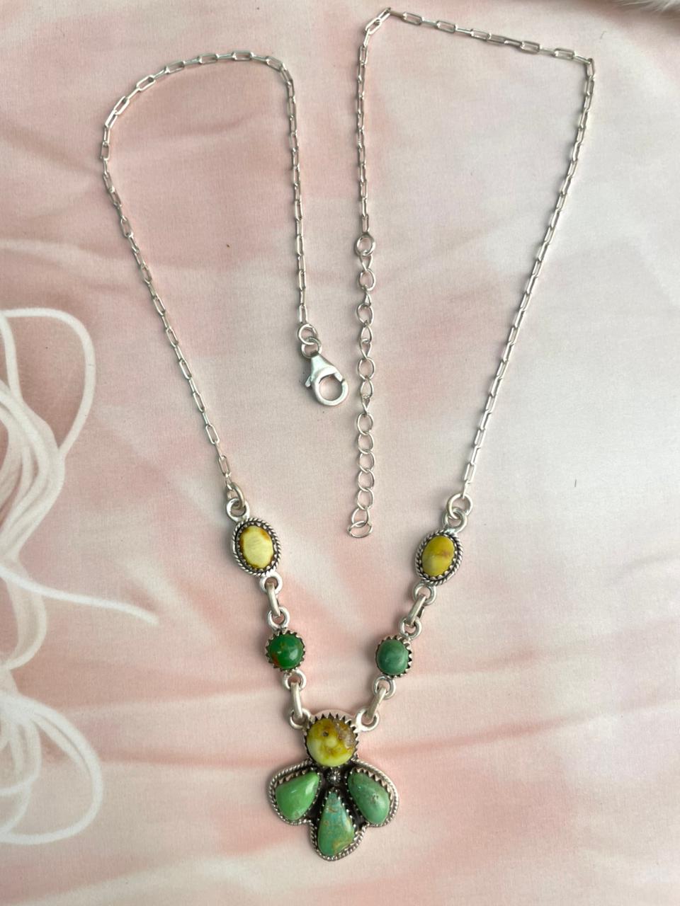 Handmade Sterling Silver Emerald Valley with Palomino Turquoise Necklace "Signed Nizhoni"