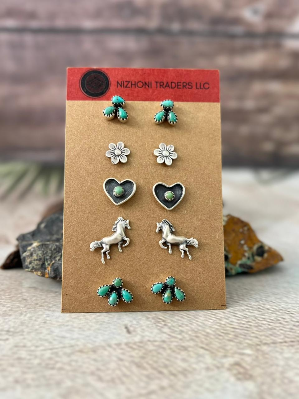 Handmade Sterling Silver Kingman Turquoise Post Studs Earrings Set