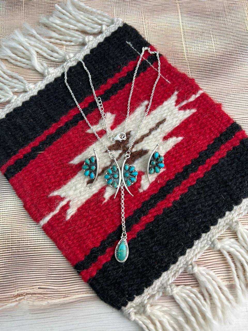 Handmade Sterling Silver Kingman Turquoise Necklace Earrings Set "Signed Nizhoni"