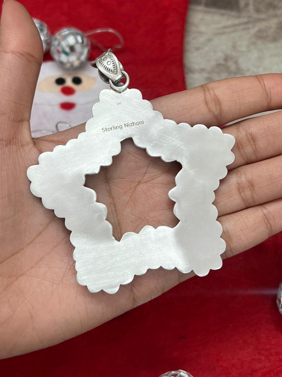 "Christmas Collection" Handmade Sterling Silver Red Opal with White Buffalo Pendant " Signed Nizhoni"