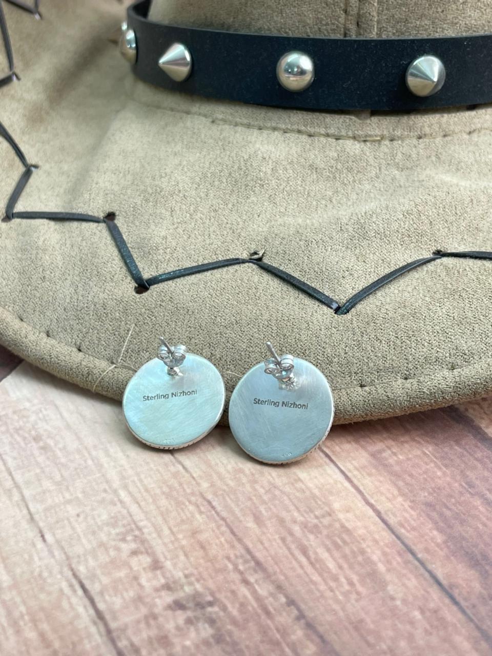 Handmade Sterling Silver White Buffalo Post Studs Earrings "Signed Nizhoni"