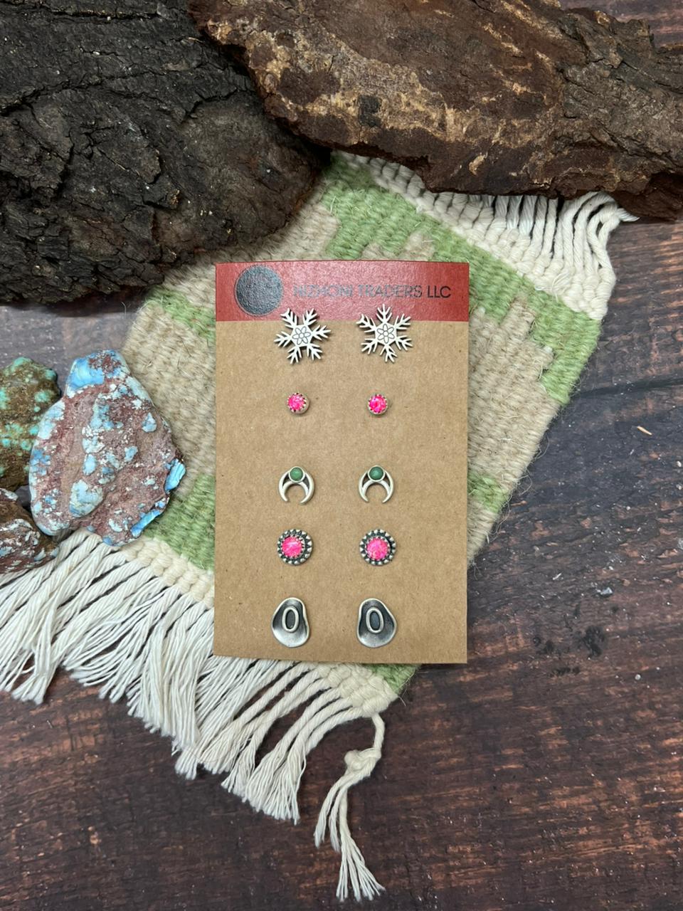 Handmade Sterling Silver Kingman Turquoise and Hot Pink Post Earring Set "Signed Nizhoni"