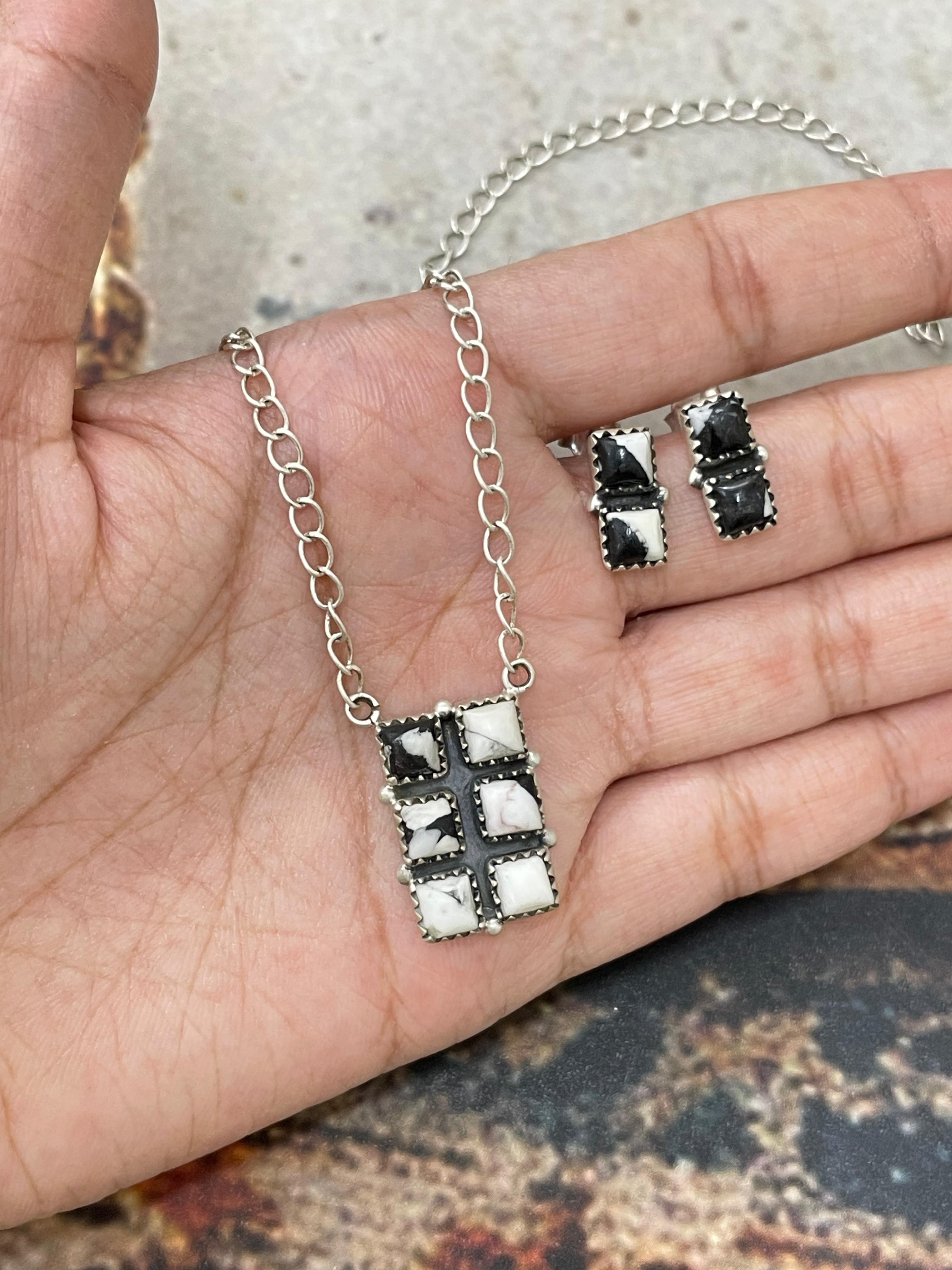 Handmade Sterling Silver White Buffalo Necklace Earrings Set with Signed Nizhoni