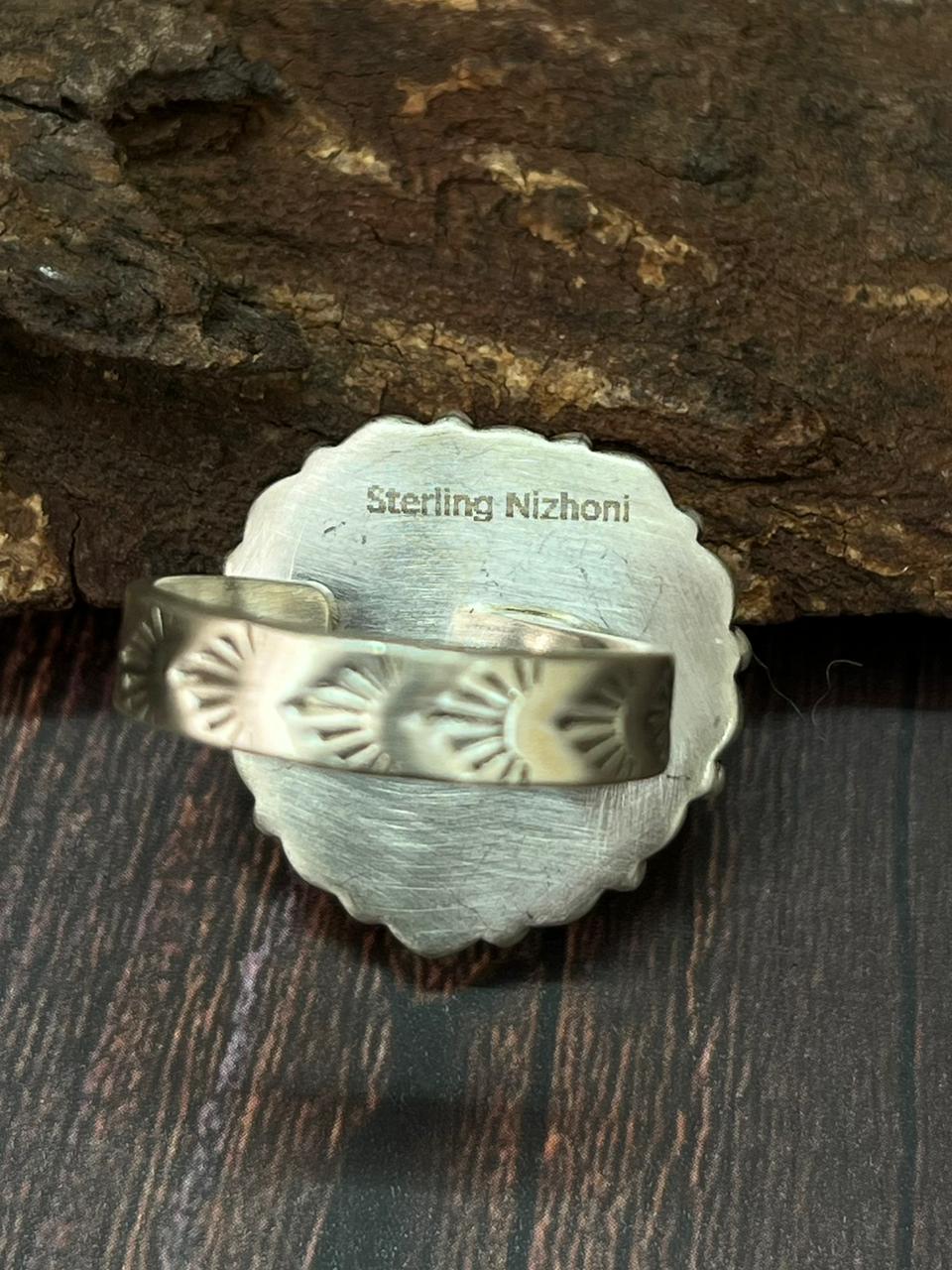 Handmade Sterling Silver White Buffalo Heart Adjustable Ring "Singed Nizhoni"