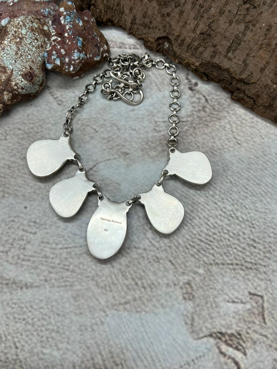 Handmade Sterling Silver Lander Turquoise Necklace with Signed Nizhoni