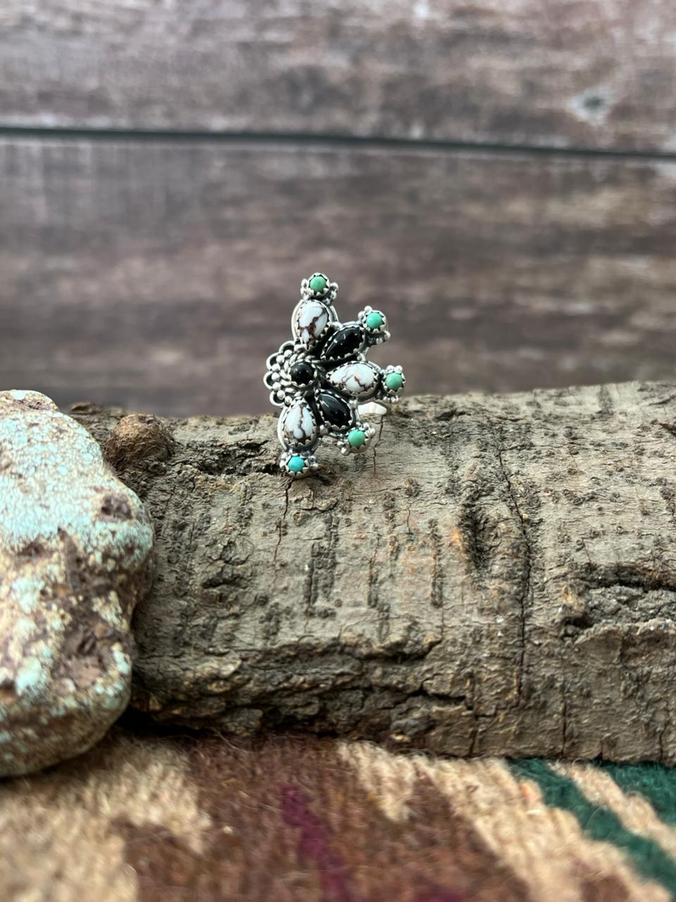 Handmade Sterling Silver Kingman with Black Onyx, Wildhorse Adjustable Ring "Signed Nizhoni"