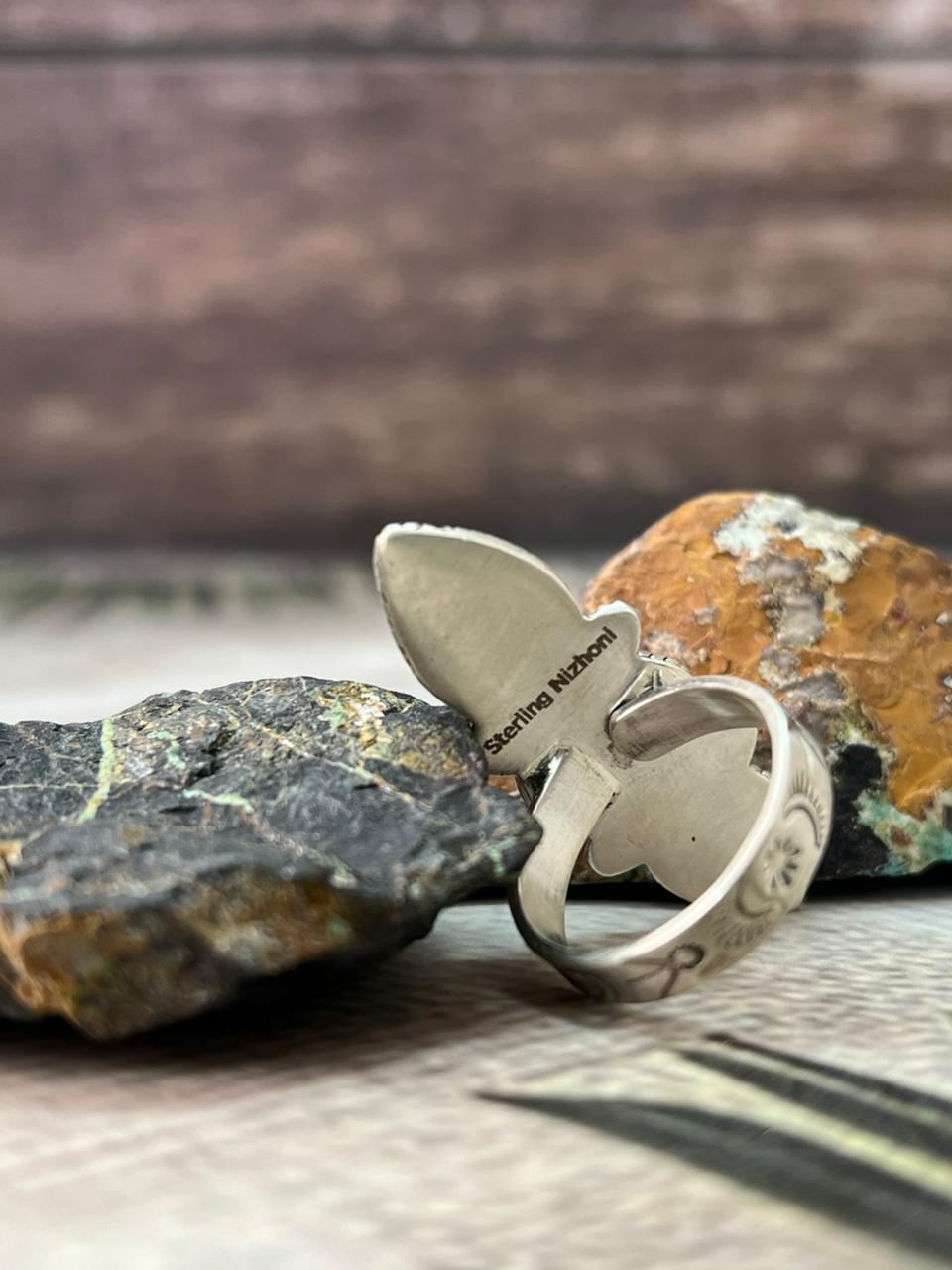 Handmade Sterling Silver Blackjack Turquoise Adjustable Ring " Signed Nizhoni"