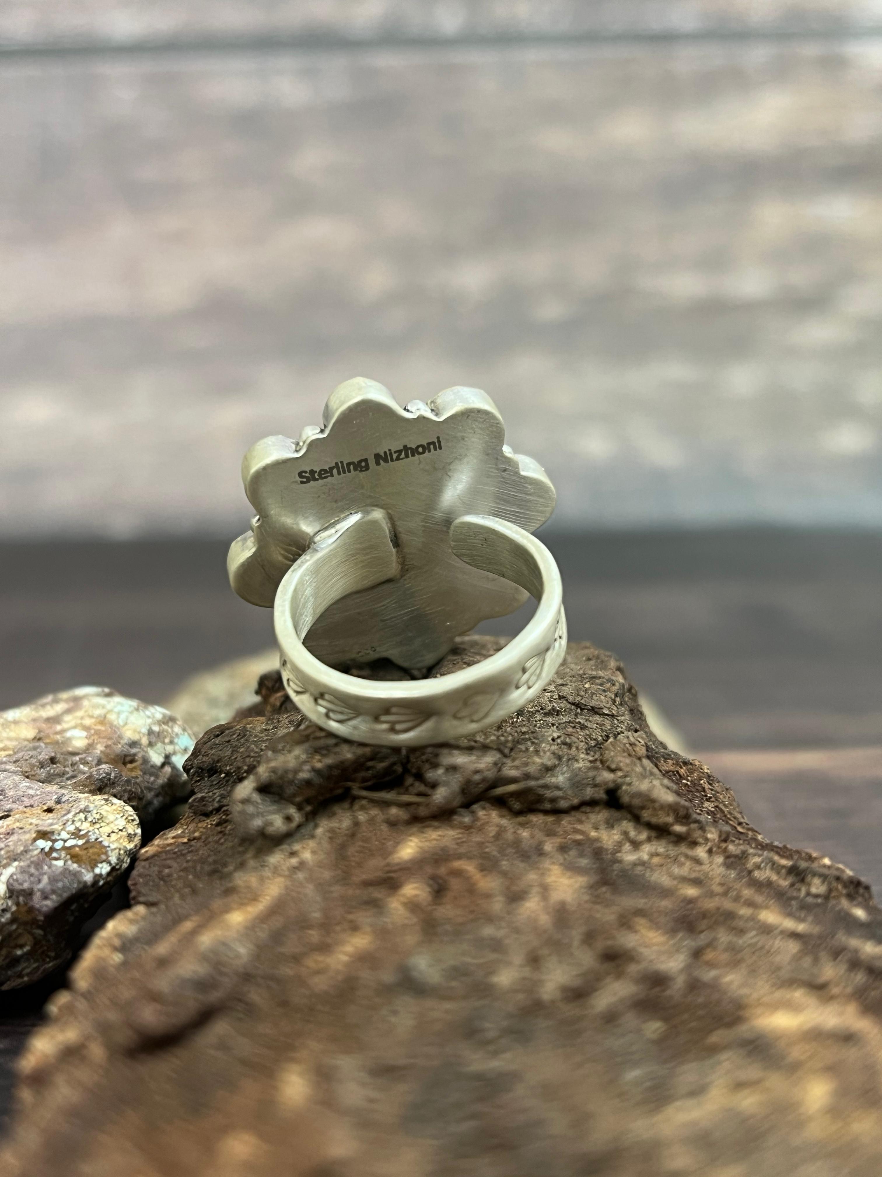 Handmade Sterling Silver Kingman Turquoise Adjustable Ring with Signed Nizhoni