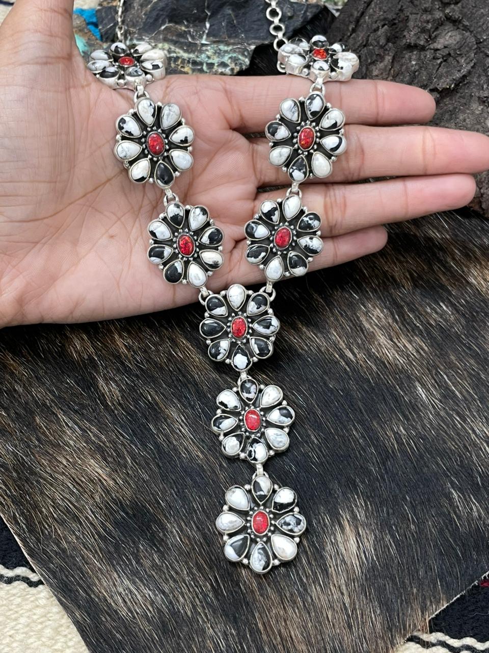 Handmade Sterling Silver White Buffalo with Red Opal Necklace "Signed Nizhoni"