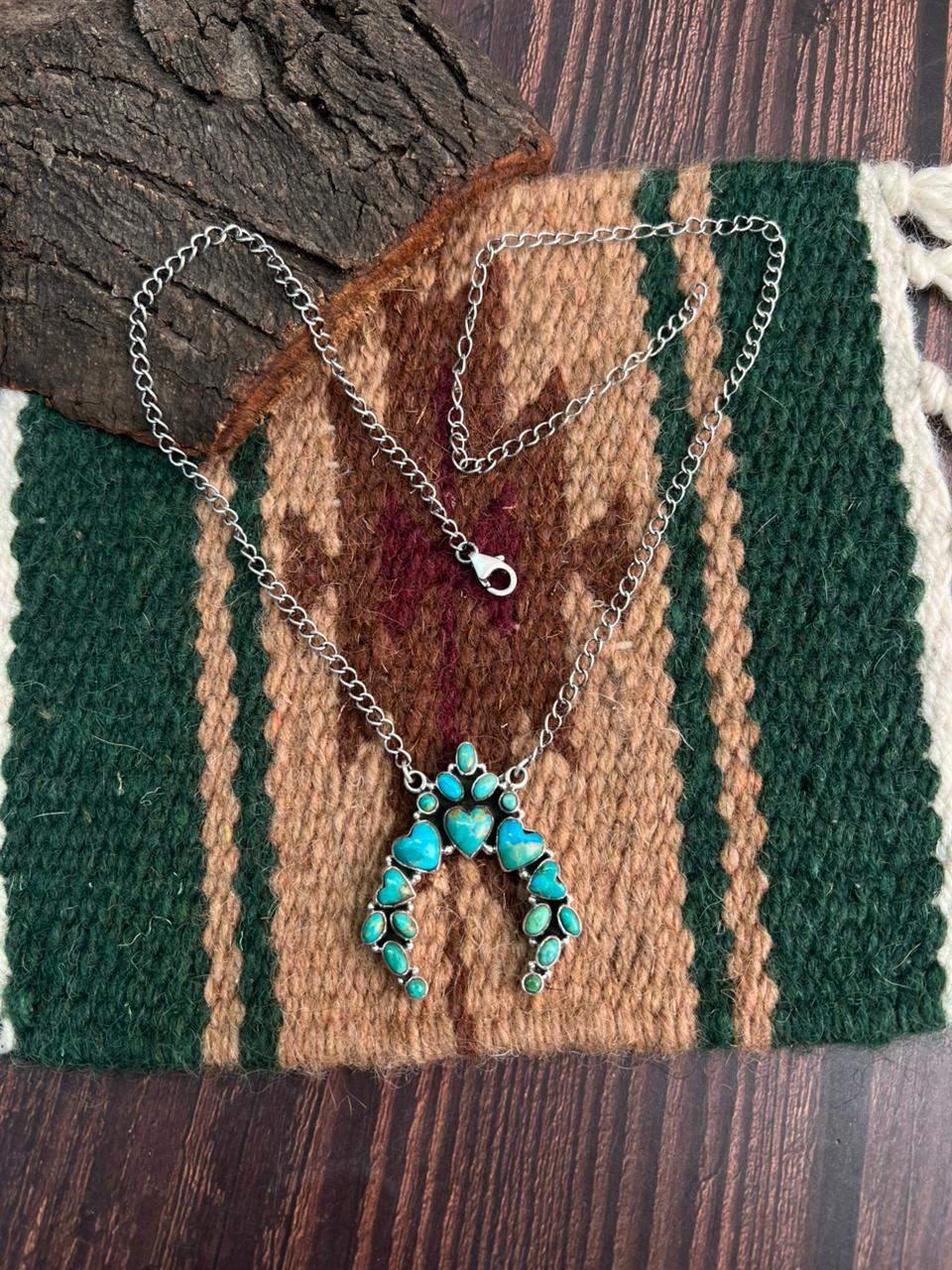 "Heart Collection" Handmade Sterling Silver Kingman Turquoise Necklace "Signed Nizhoni"