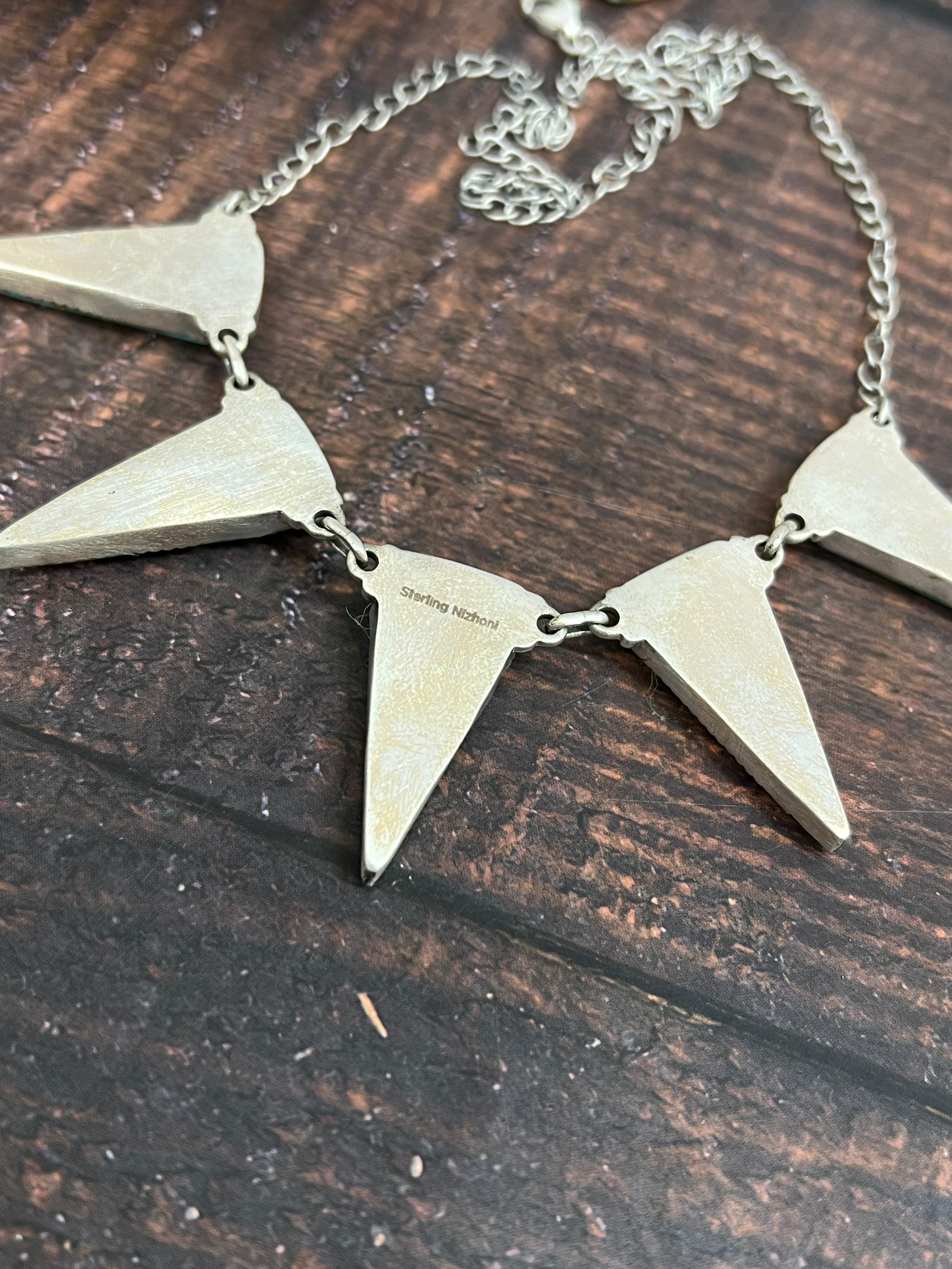 Handmade Sterling Silver Kingman Turquoise Arrow Necklace with Signed Nizhoni