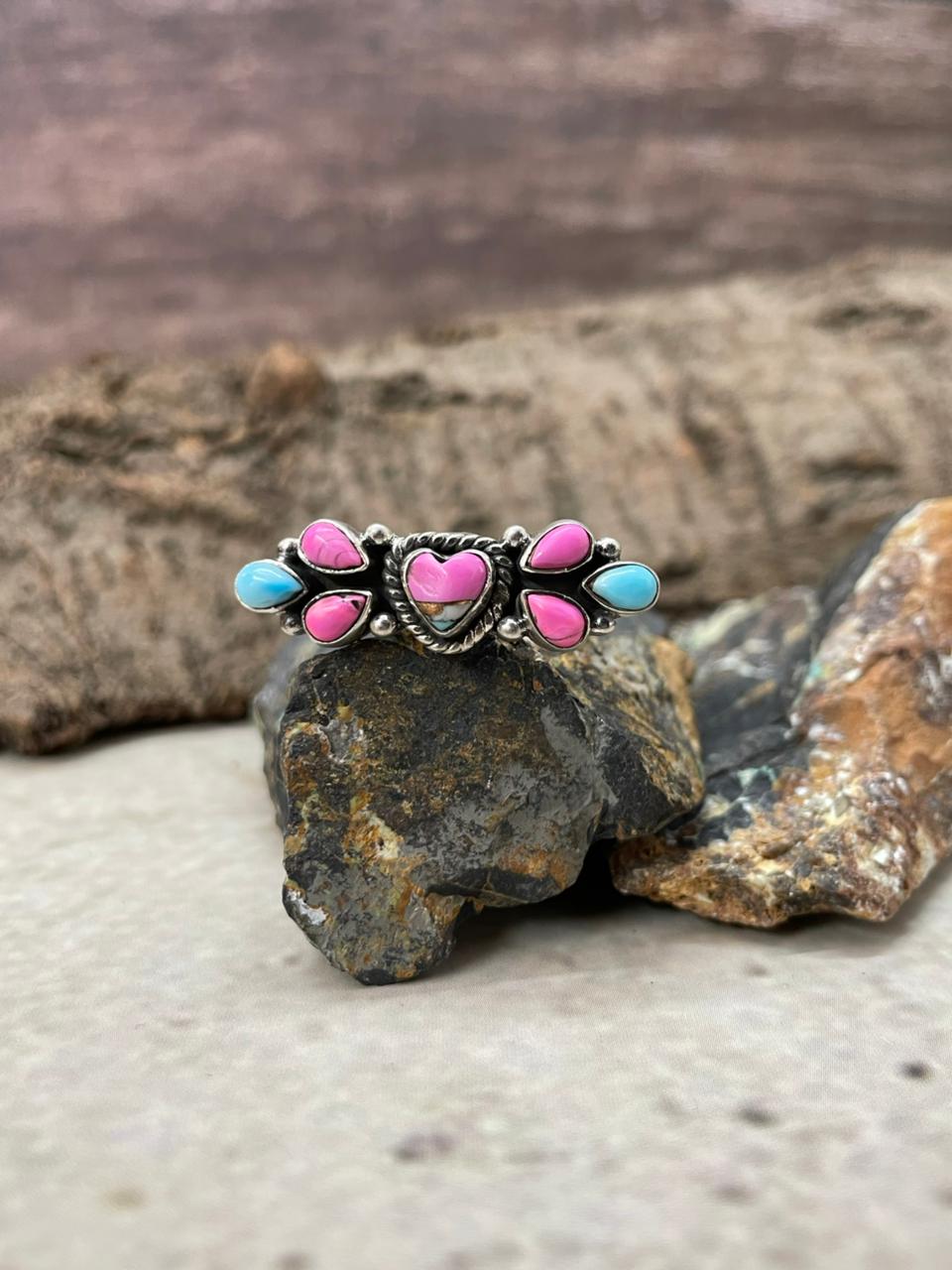 "Heart Collection" Handmade Sterling Silver Cotton Candy Adjustable Ring "Signed Nizhoni"