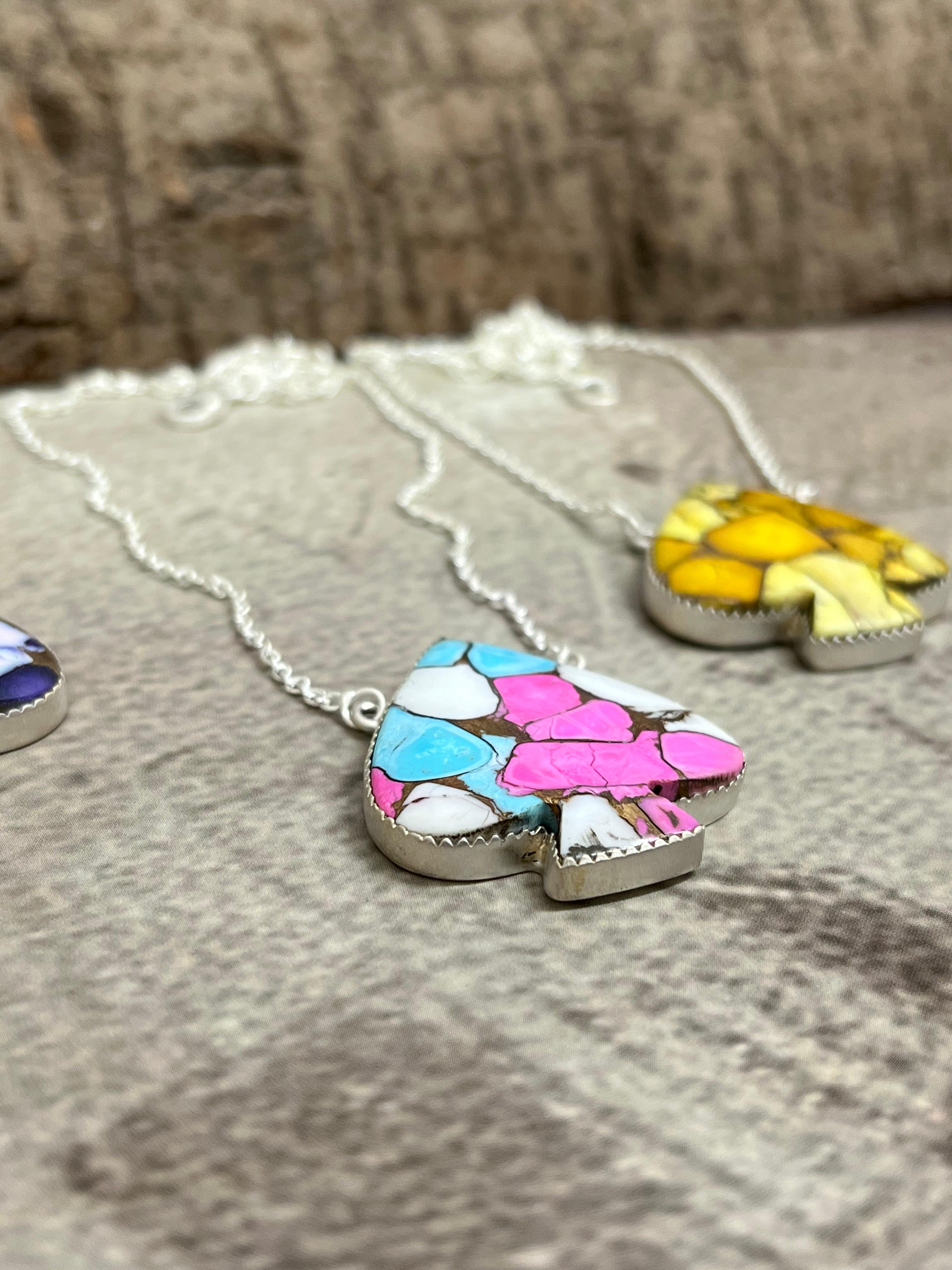 Handmade Sterling Silver Multi Stone Spade Necklace, Signed Nizhoni