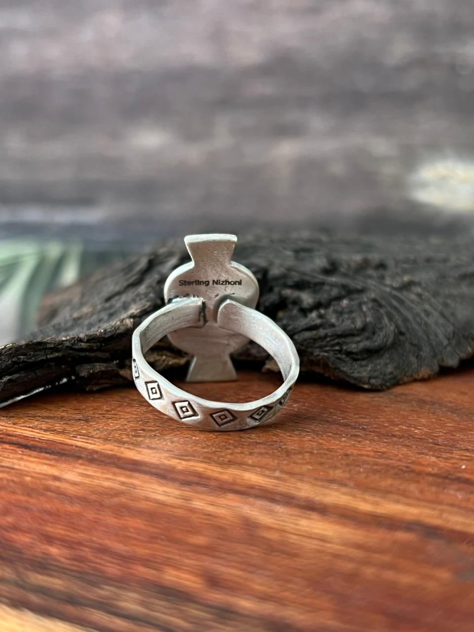 Handmade Sterling Silver Kingman Turquoise Adjustable Ring "Signed Nizhoni"