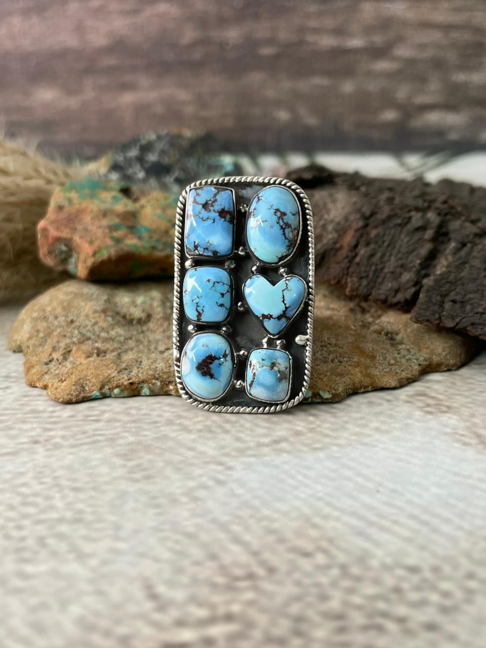 Handmade Sterling Silver Golden Hills Turquoise Adjustable Ring "Signed Nizhoni"