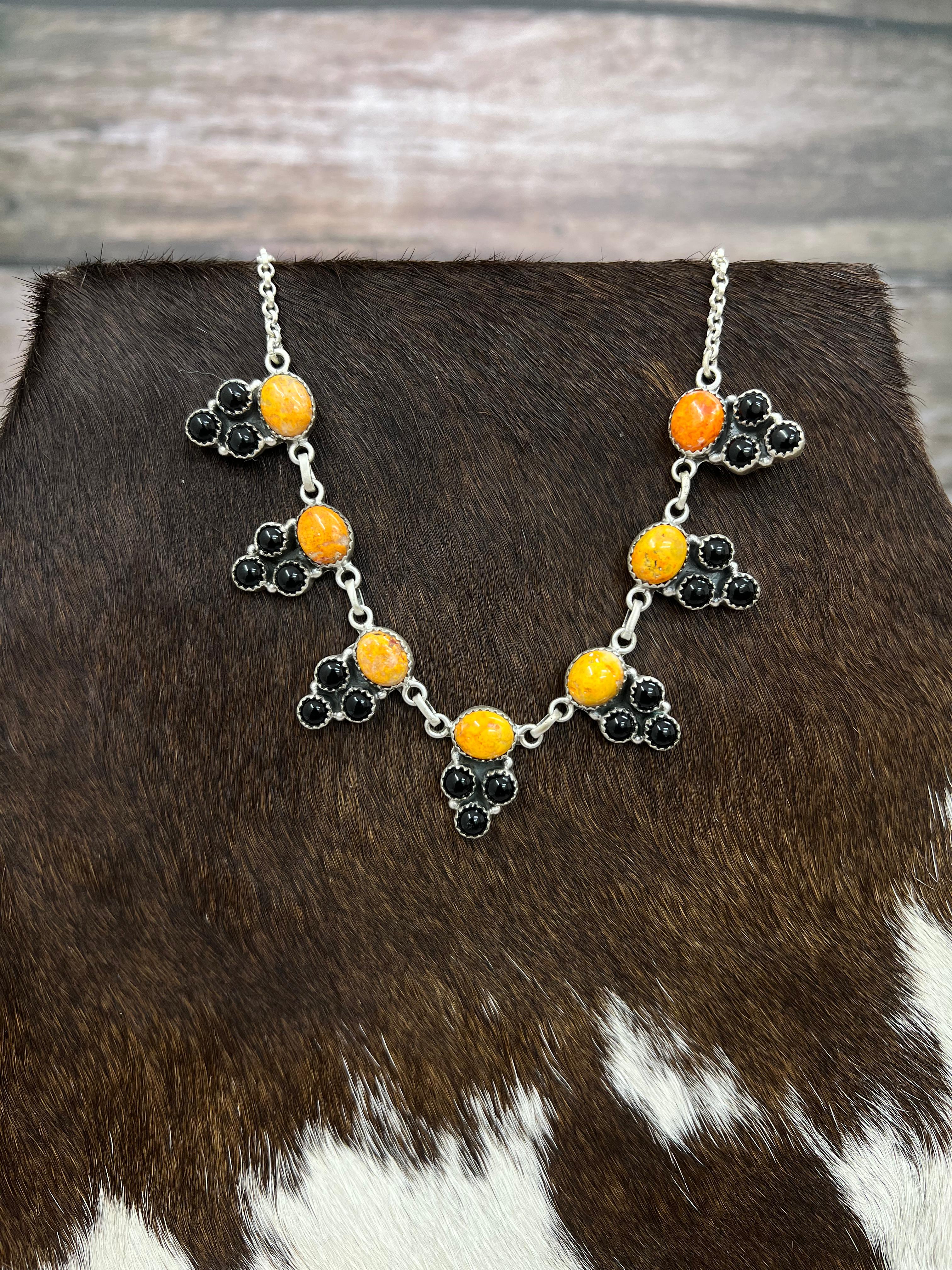 "Halloween Collection" Handmade Sterling Silver Black Onyx, Bumblebee Necklace with Signed Nizhoni