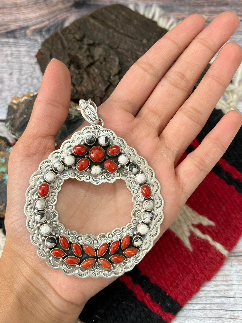 "Christmas Collection" Handmade Sterling Silver White Buffalo with Coral Pendant "Signed Nizhoni"