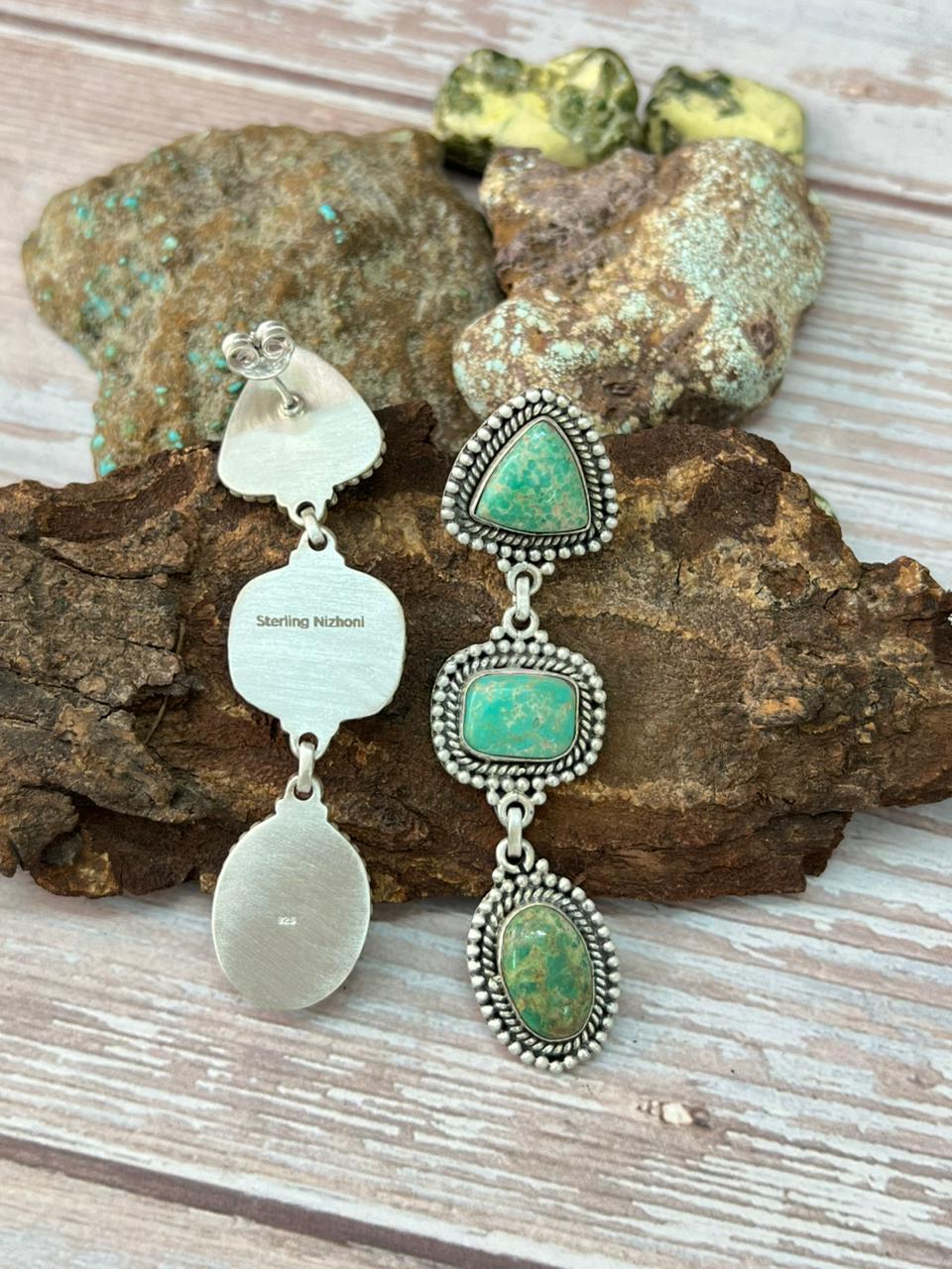 Handmade Sterling Silver Mantis Turquoise Post Dangle Earrings with Signed Nizhoni