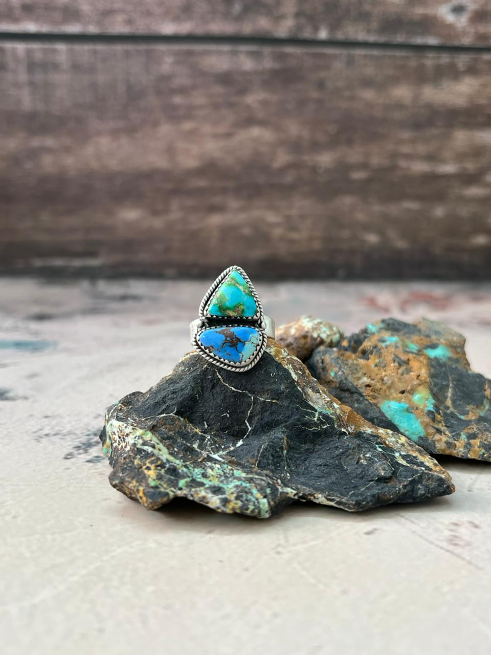 Handmade Sterling Silver Sonoran Mountain with Golden Hills Turquoise Adjustable Ring "Signed Nizhoni"