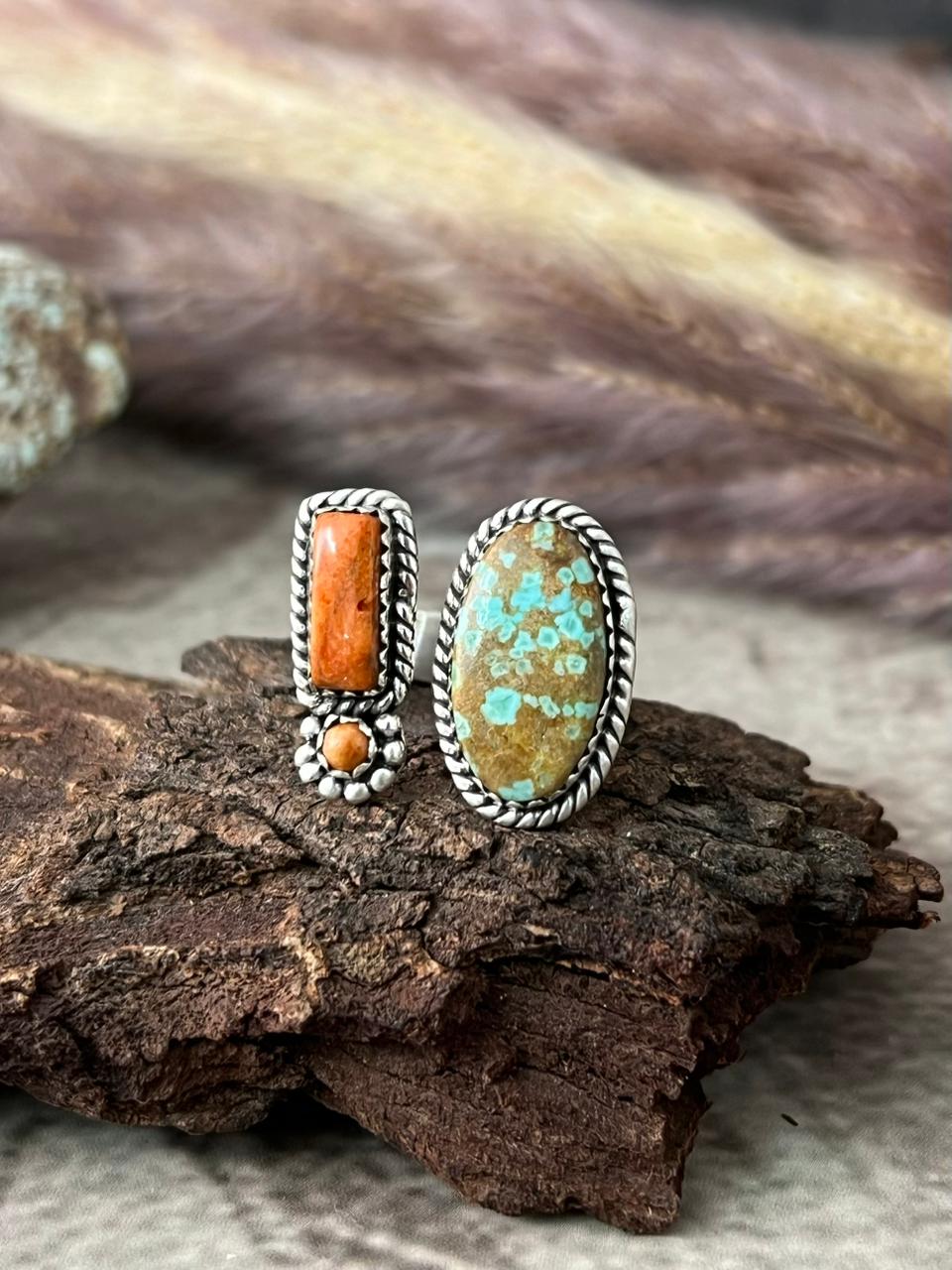 Handmade Sterling Silver Number 8 with Orange Mojave Adjustable Ring "Signed Nizhoni"