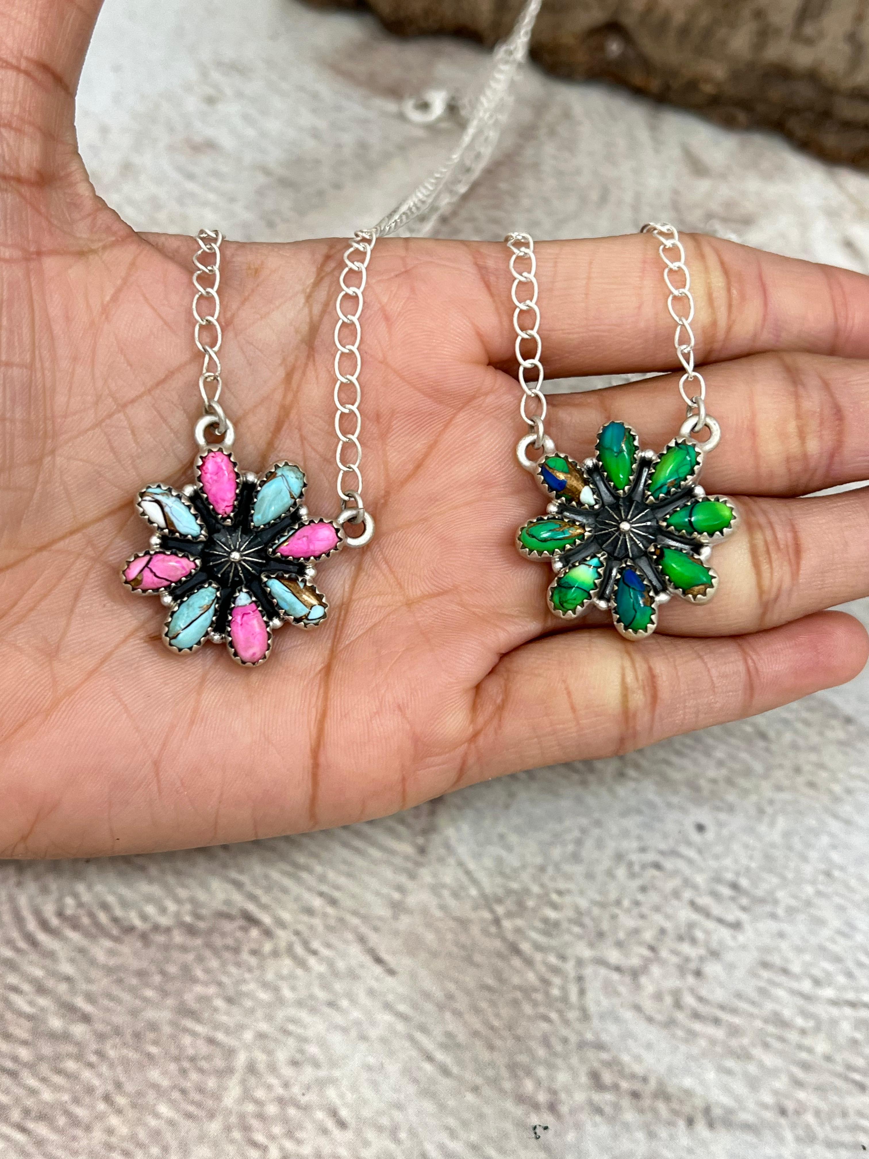 Handmade Sterling Silver Peacock Dahlia, Cotton Candy Turquoise Necklace with Signed Nizhoni