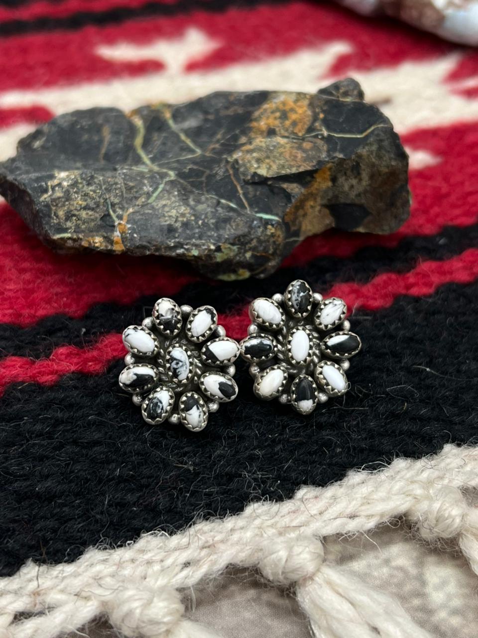 Handmade Sterling Silver White Buffalo with Red Opal Studs Post Earrings "Signed Nizhoni"