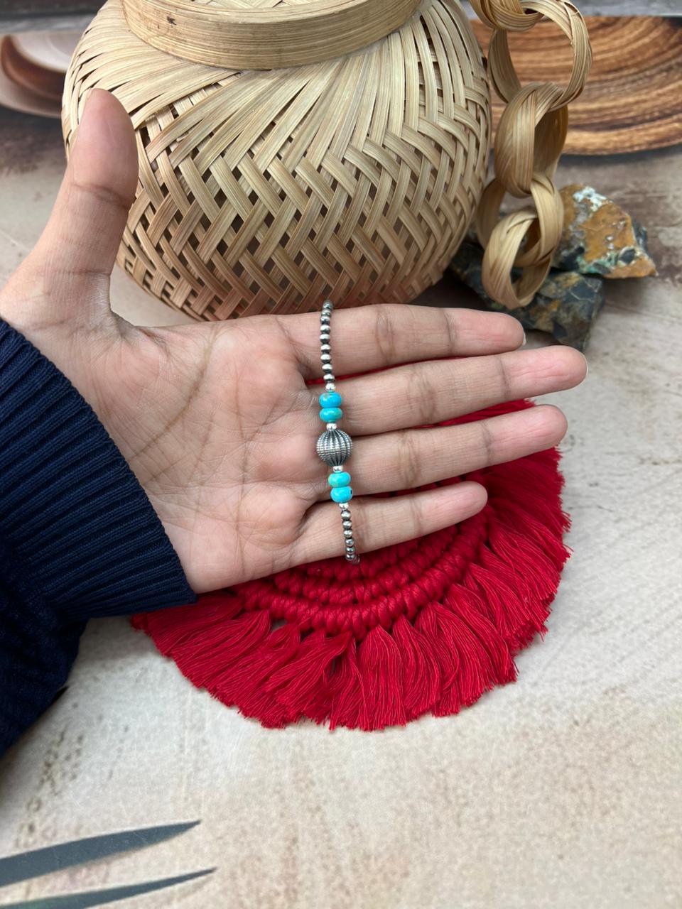 Handmade Sterling Silver Beaded Kingman Turquoise Bracelet