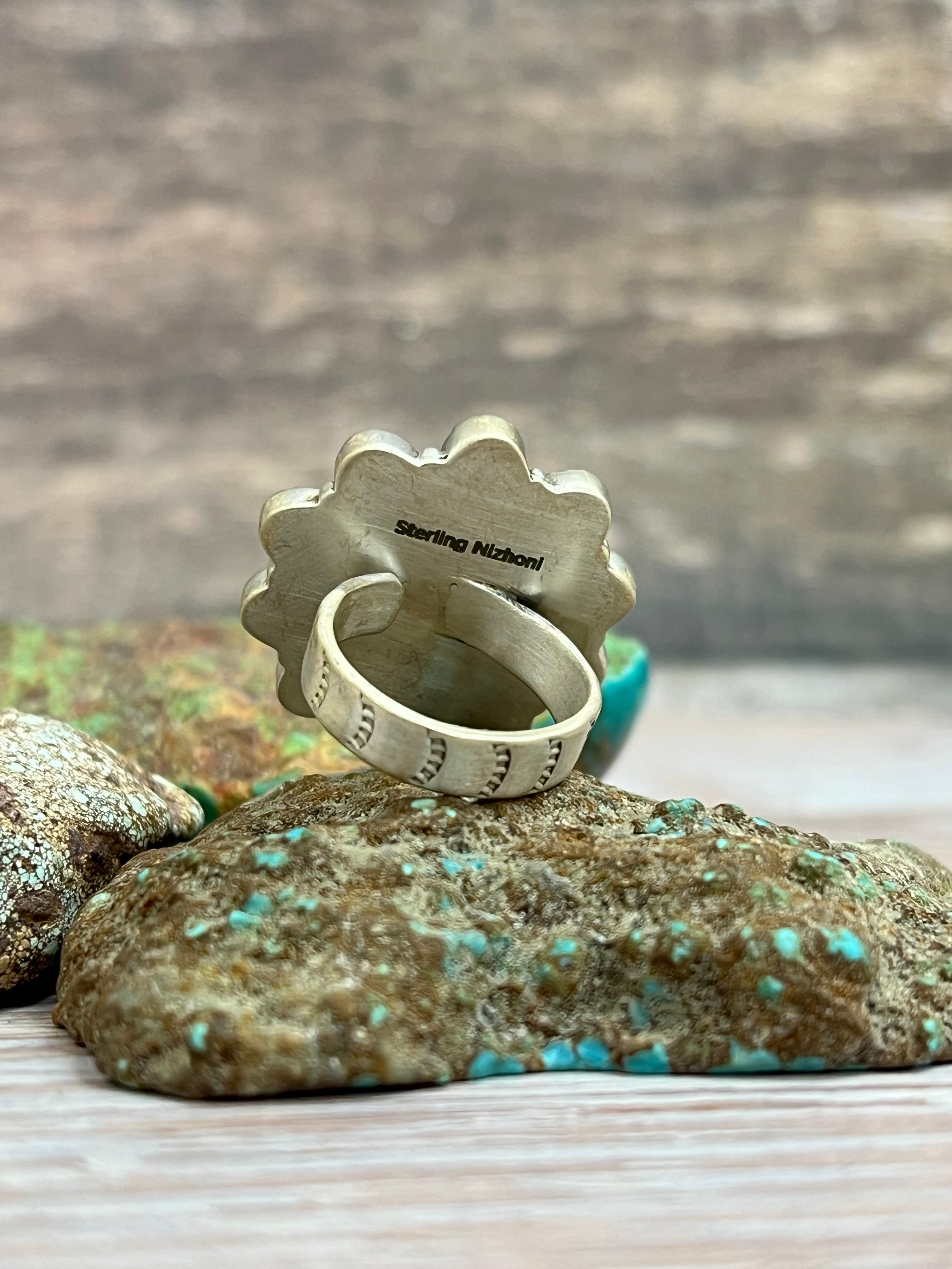 Handmade Sterling Silver Kingman Turquoise Adjustable Ring with Signed Nizhoni
