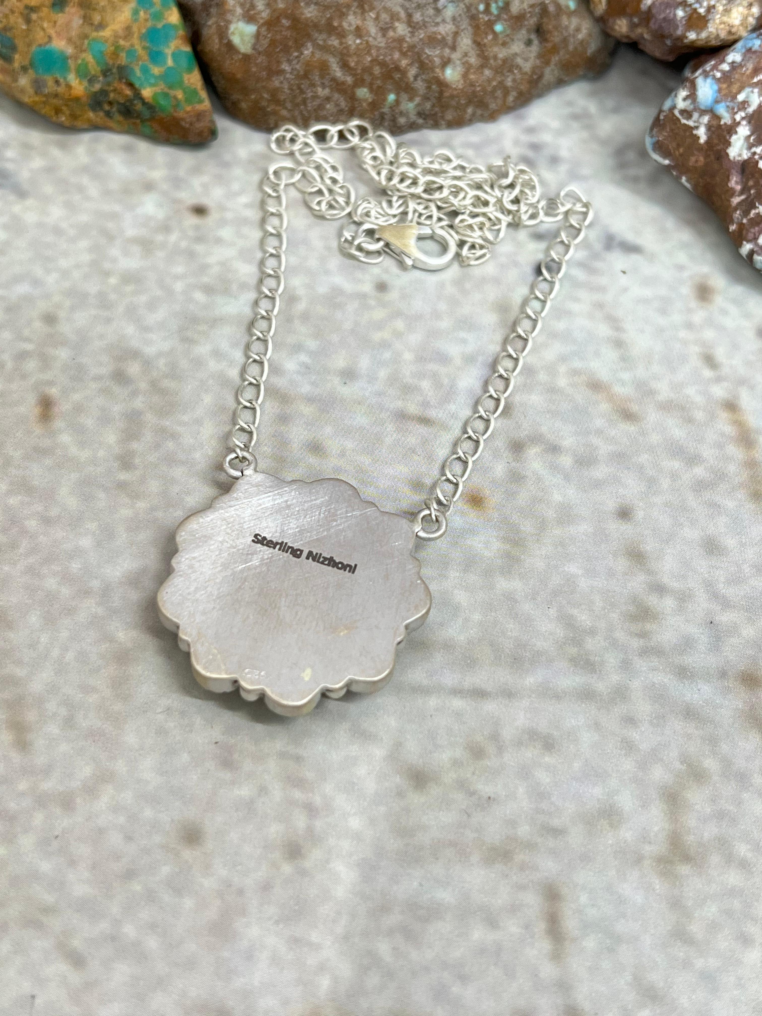 Handmade Sterling Silver Kingman Turquoise Necklace with Signed Nizhoni