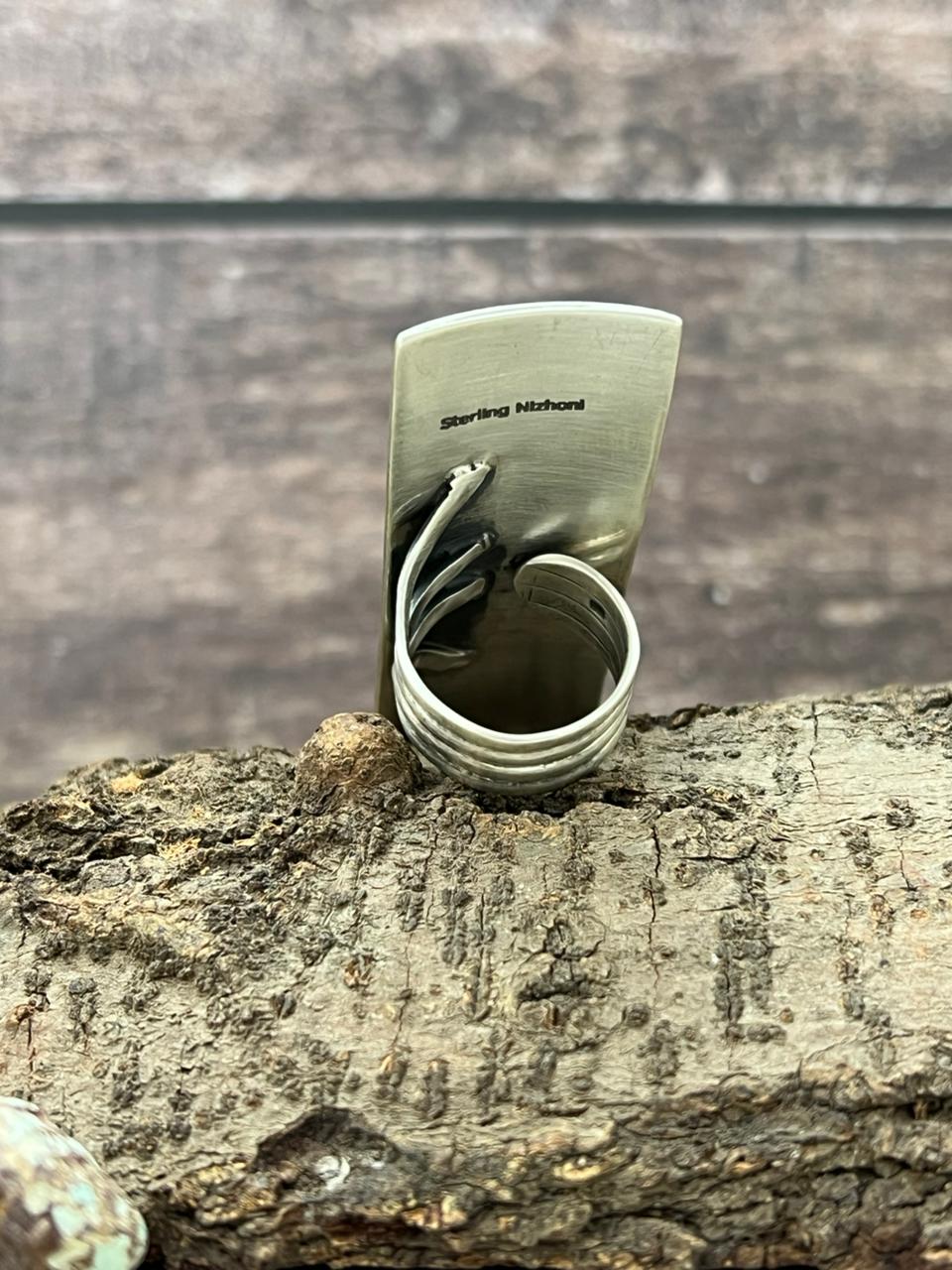 Handmade Sterling Silver Old Stock Royston Turquoise Adjustable Ring With Signed Nizhoni