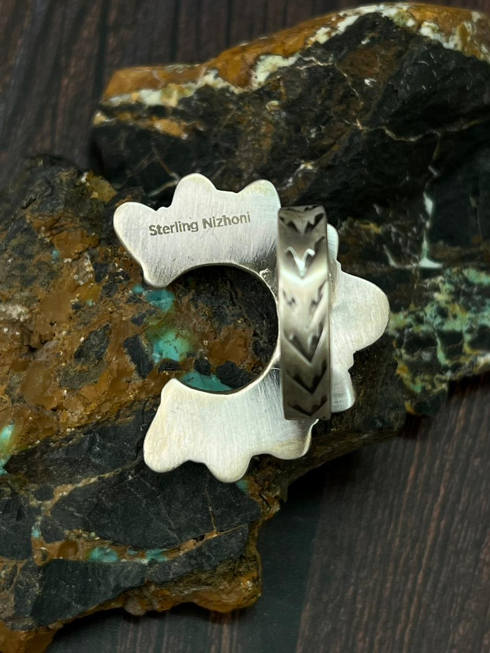 Handmade Sterling Silver Kingman Turquoise Naja Adjustable Ring "Singed Nizhoni"