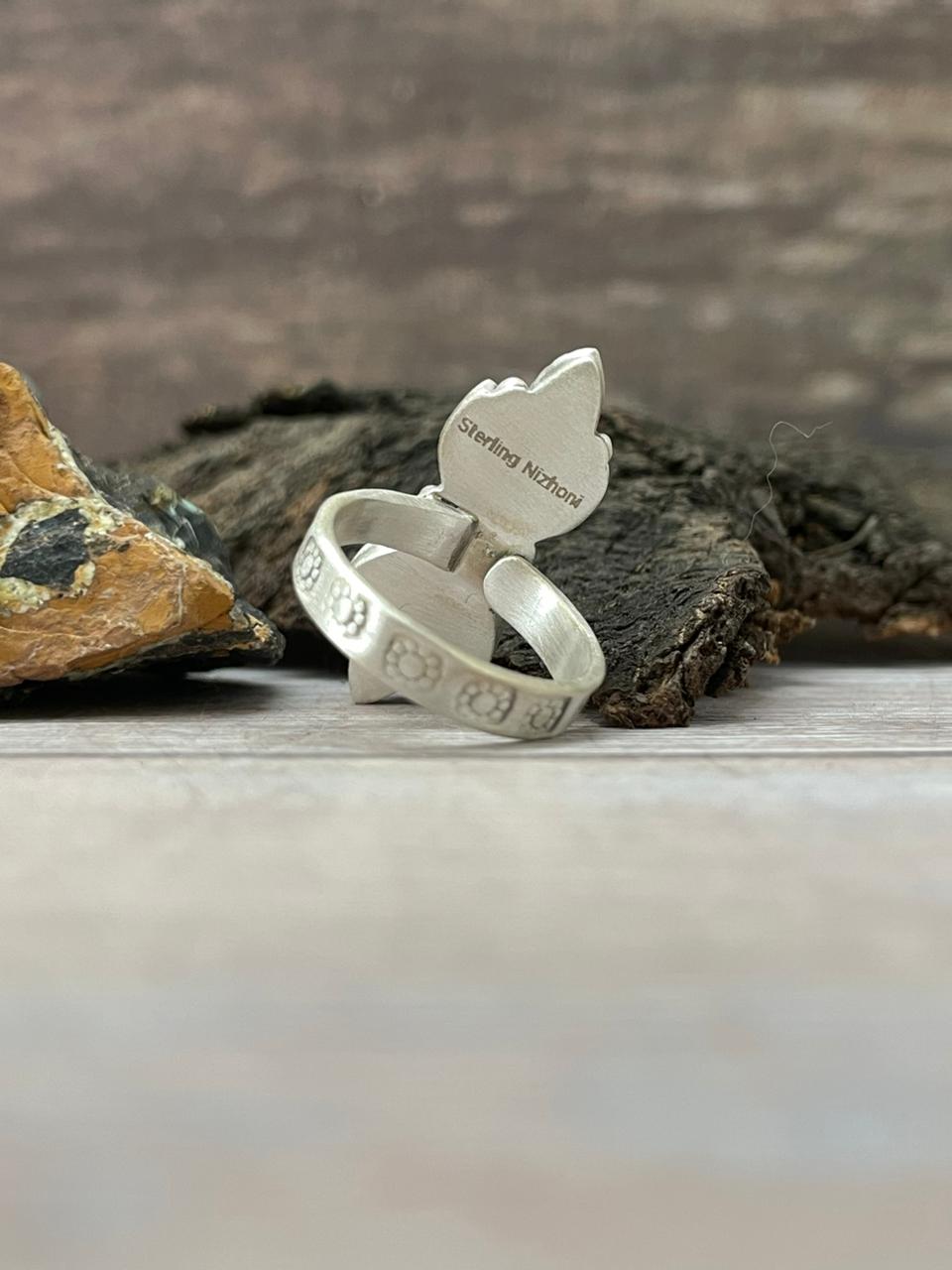 "Christmas Collection" Handmade Sterling Silver White Buffalo with Red Opal Adjustable Ring "Signed Nizhoni"