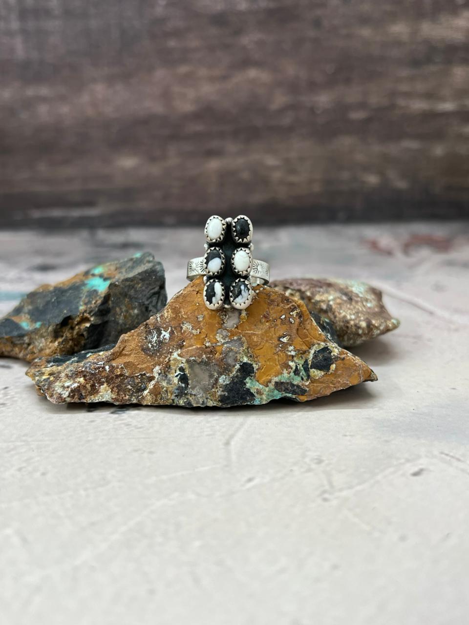 Handmade Sterling Silver White Buffalo Turquoise Adjustable Ring "Signed Nizhoni"