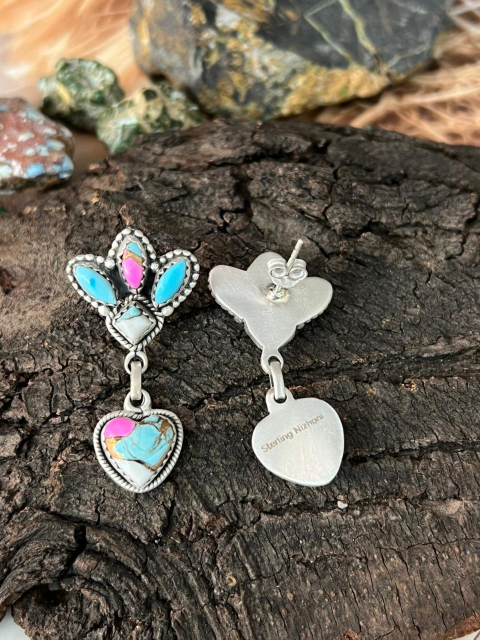 Handmade Sterling Silver Cotton Candy Post Heart Dangle Earrings "Signed Nizhoni"