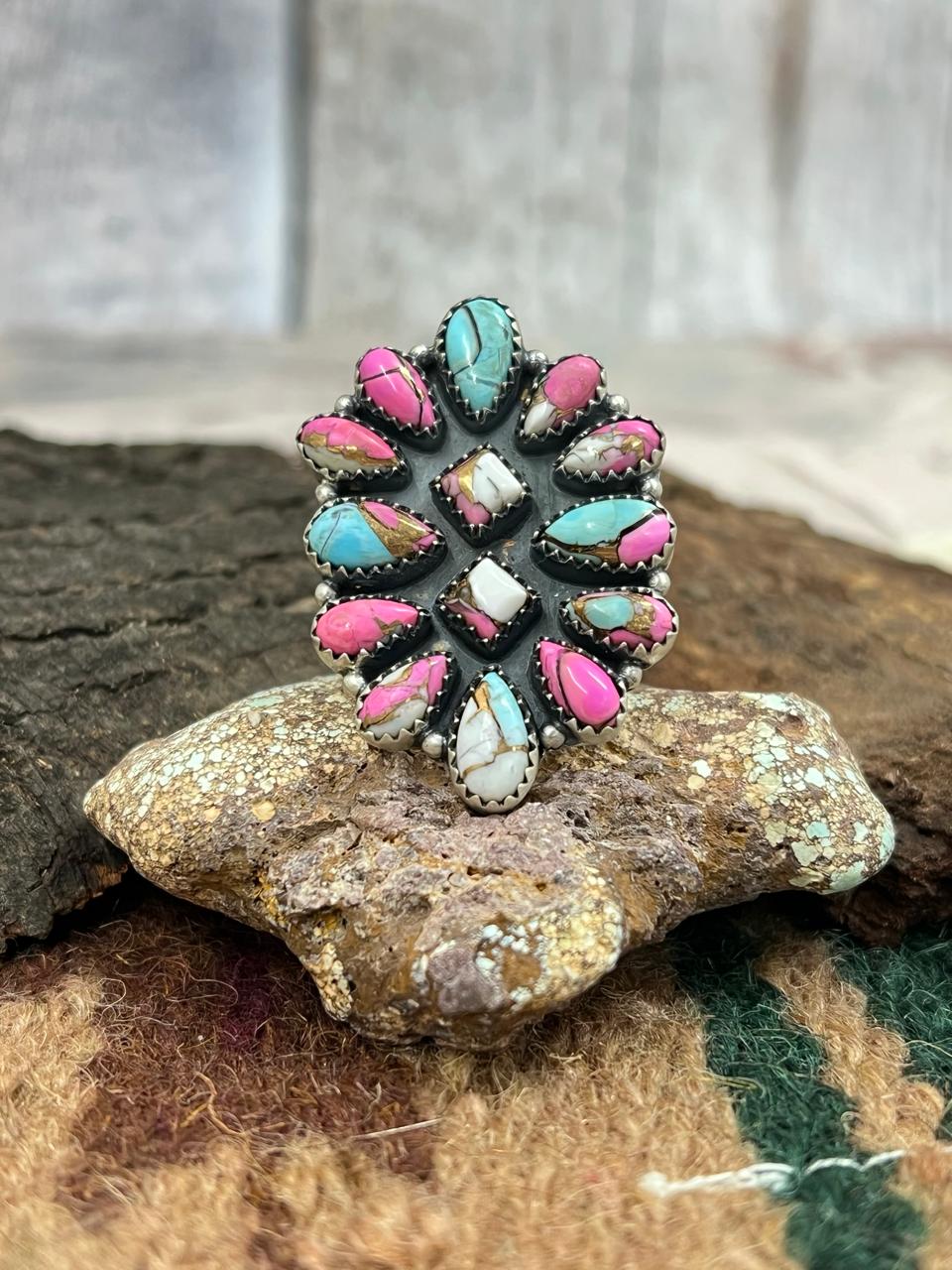 Handmade Sterling Silver Cotton Candy Turquoise Adjustable Ring with Signed Nizhoni