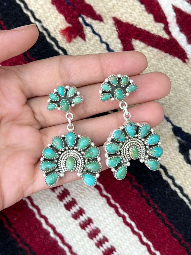 Handmade Sterling Silver Kingman Turquoise Post Dangle Earrings "Signed Nizhoni"