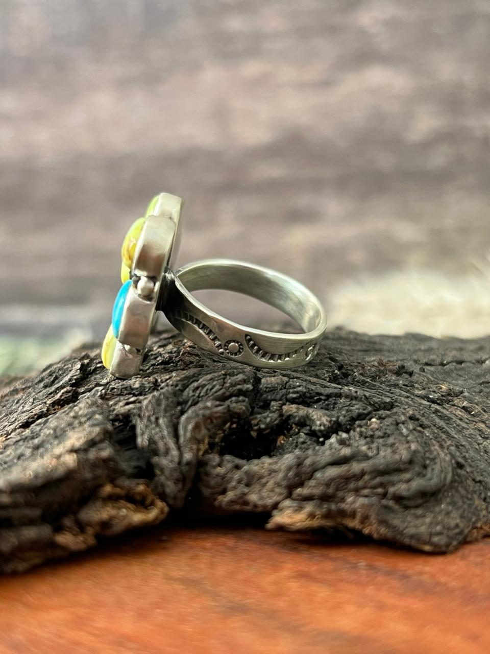 Handmade Sterling Silver White Water with Palomino Turquoise Collection: Adjustable Ring "Signed Nizhoni"