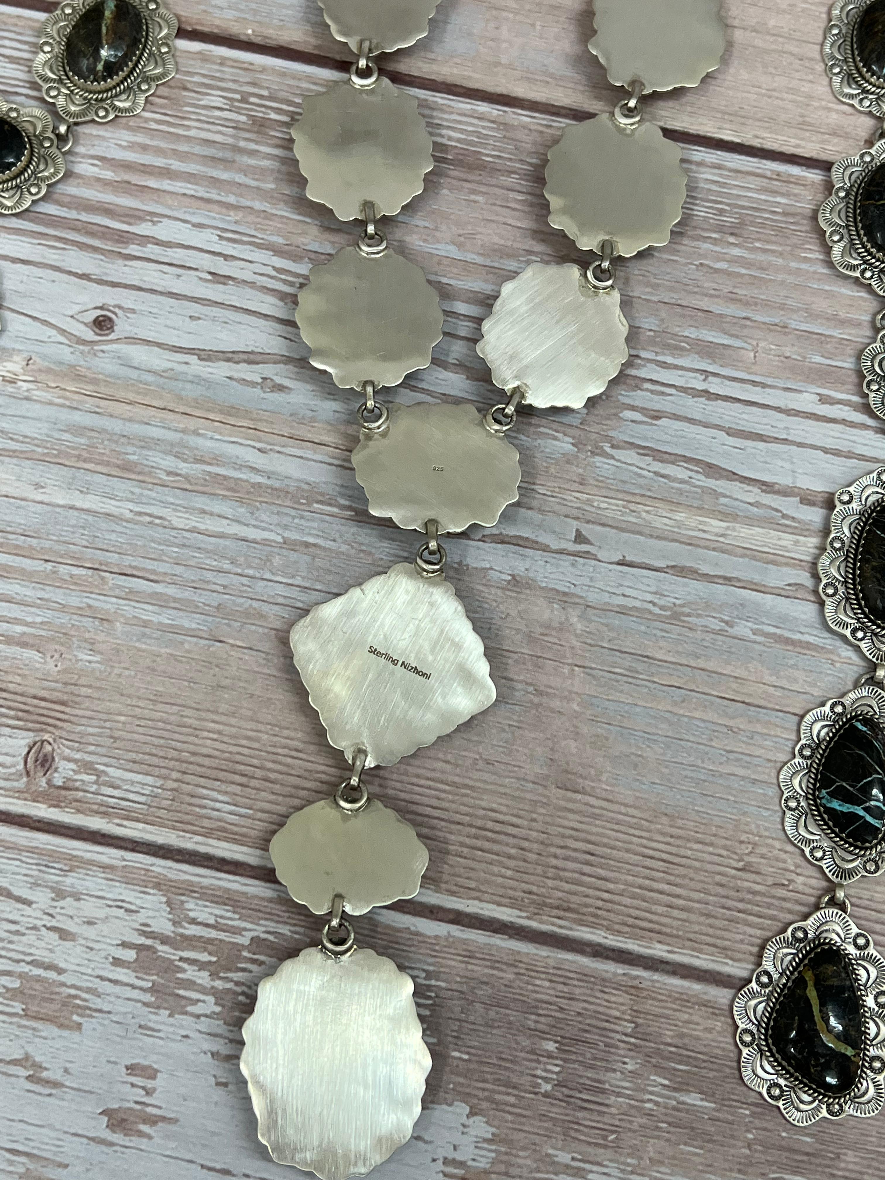 Handmade Sterling Silver Blackjack Turquoise Necklace Signed Nizhoni