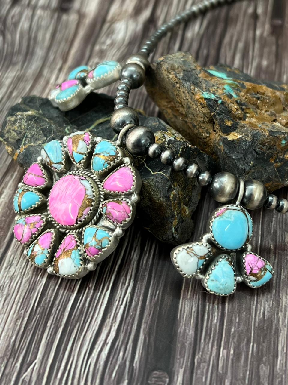 Handmade Sterling Silver Cotton Candy Beaded Necklace "Signed Nizhoni"