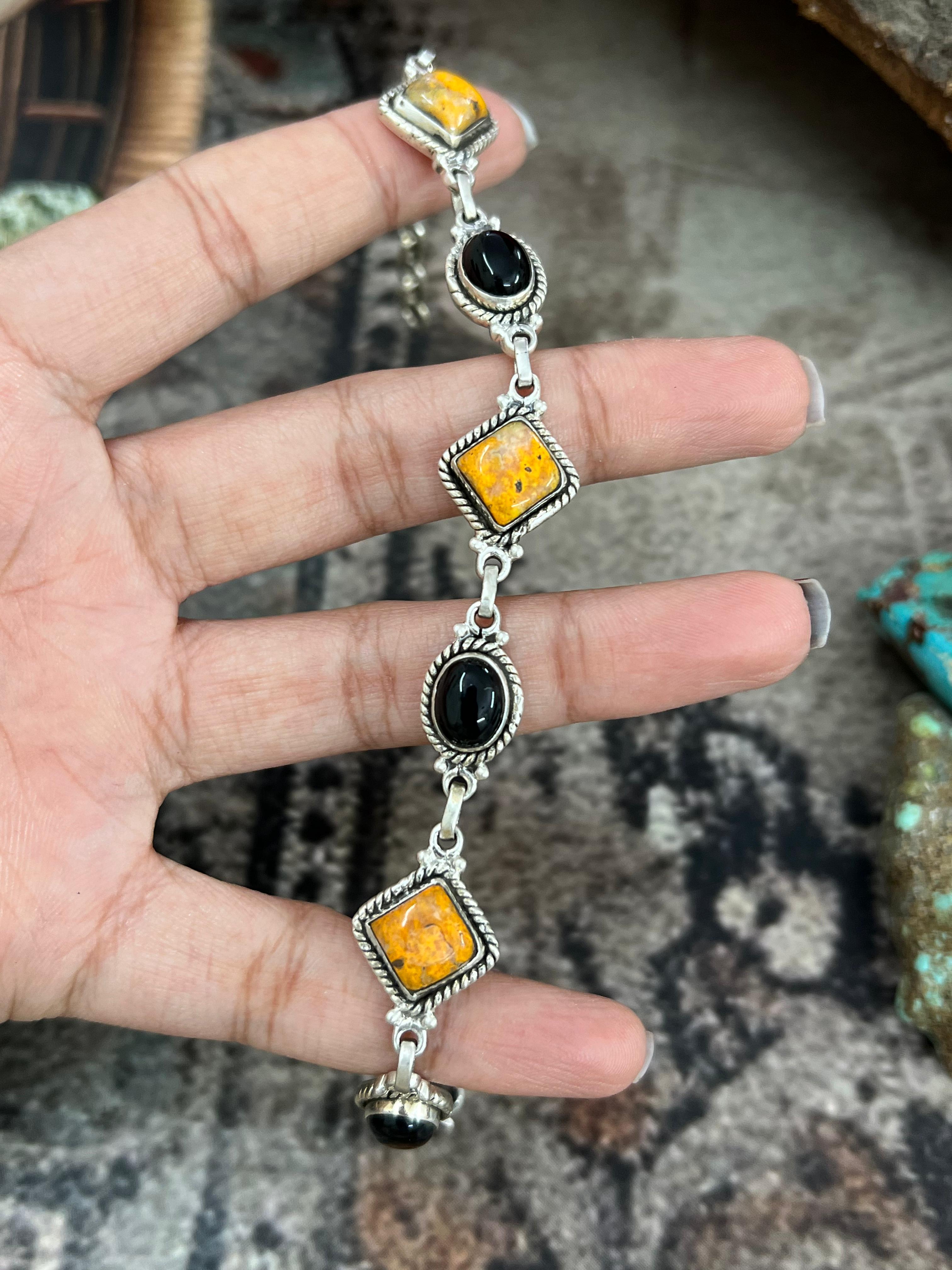 "Halloween Collection" Handmade Sterling Silver Black Onyx, Bumblebee Chain Bracelet with Signed Nizhoni