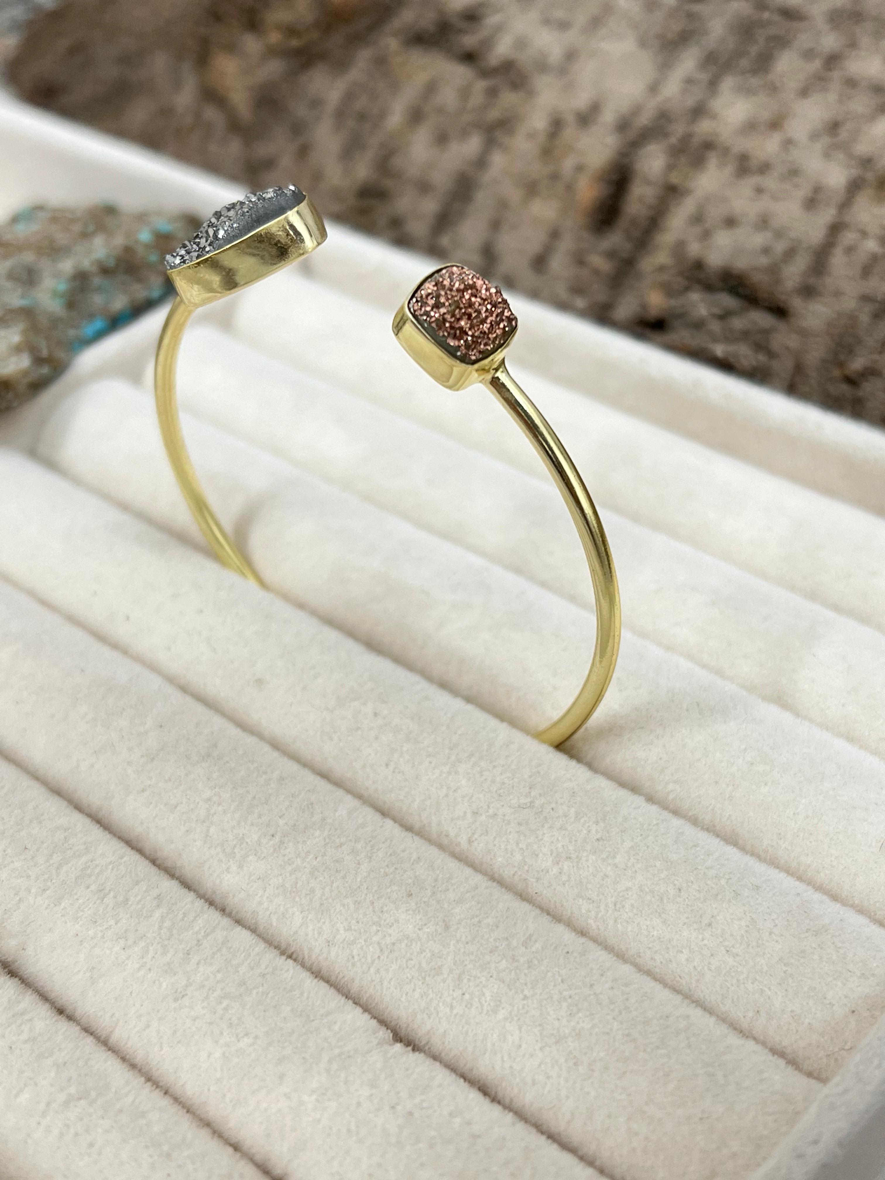 “The Boho Collection” Handmade Natural Gold Plated 2 Stone Druzy Open Cuff Bracelet