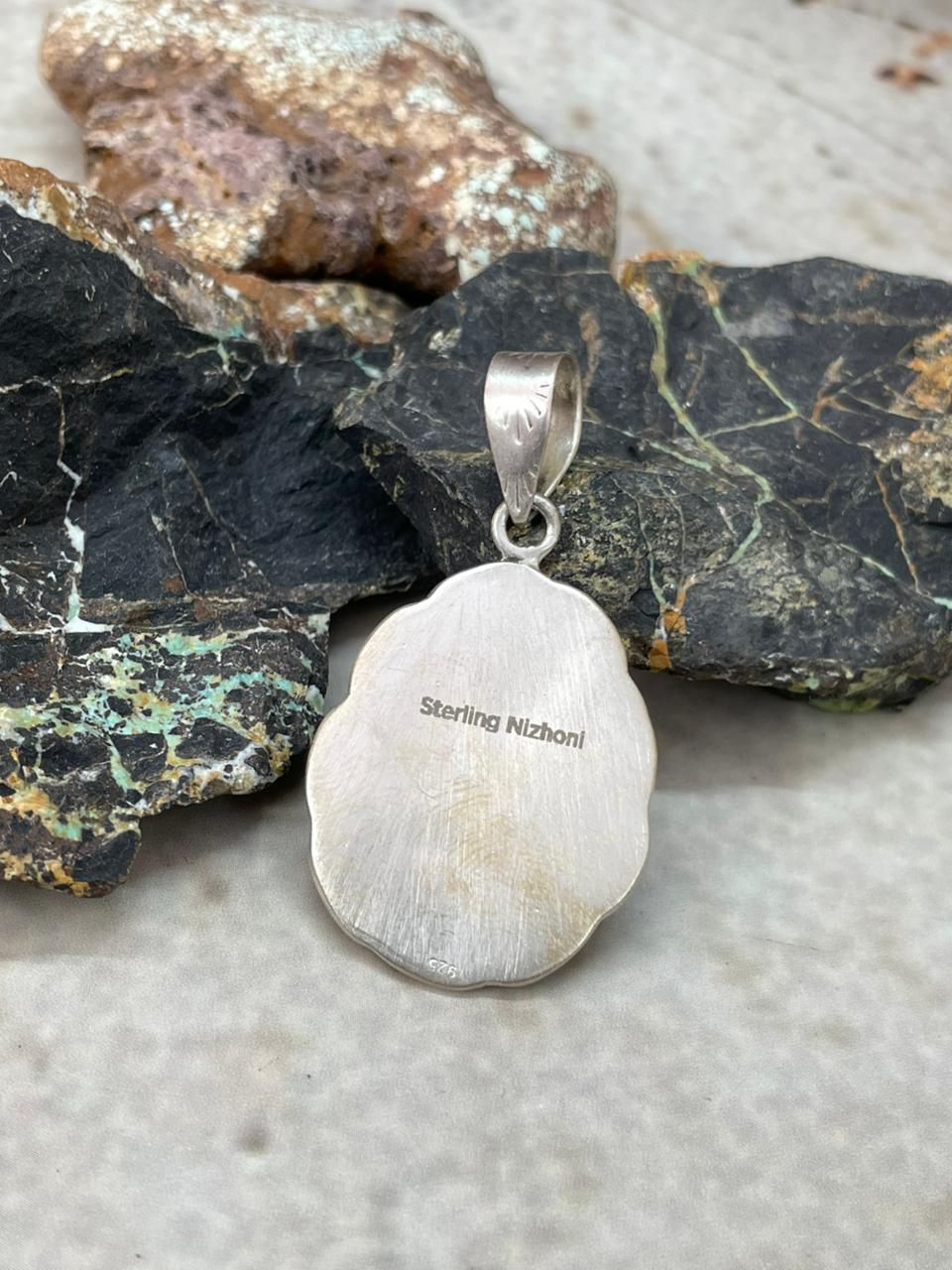 Handmade Sterling Silver Royston Ribbon Turquoise Pendant "Signed Nizhoni"