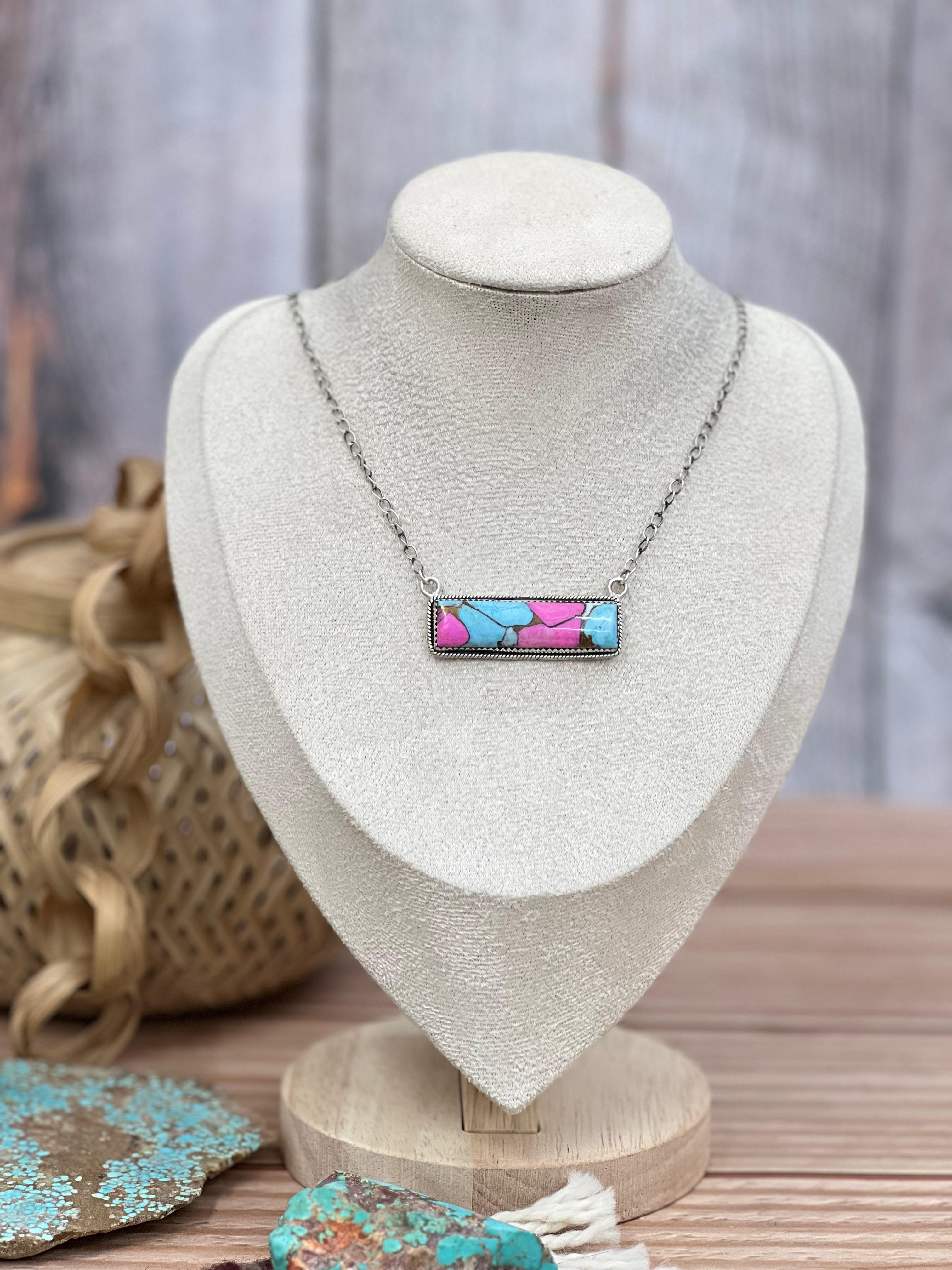 Handmade Sterling Silver Cotton Candy Turquoise Necklace with Signed Nizhoni